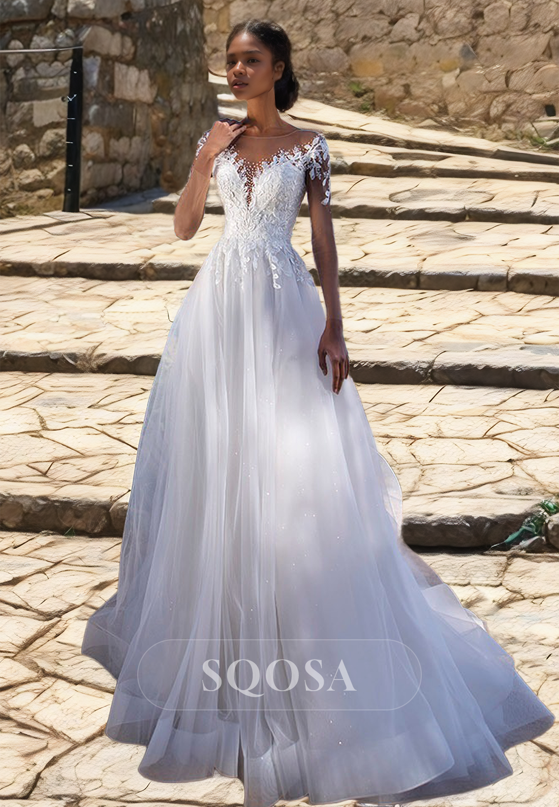 Sheer V-Neck Long-Sleeves Tulle A-Line Wedding Dress Beaded Applique Bride Dress with Train White / US12 Sheer V-Neck Long-Sleeves Tulle A-Line Wedding Dress Beaded Applique Bride Dress with Train White / US12
