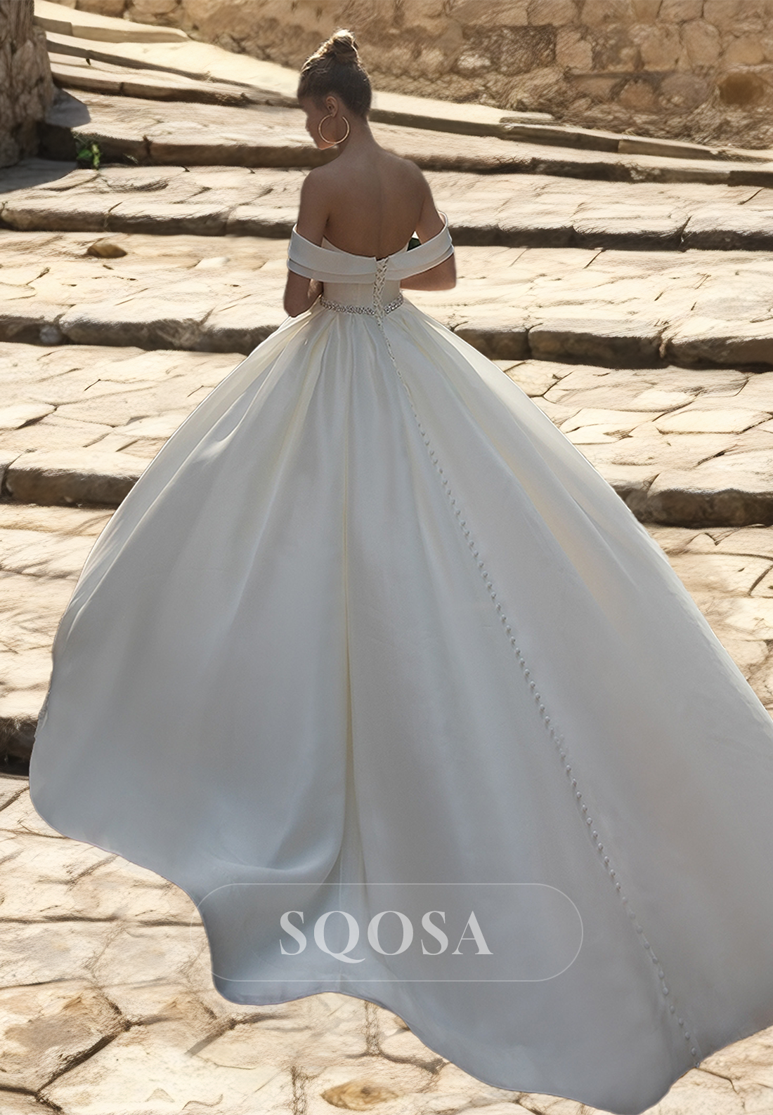 Pleated Sweetheart Sleeveless Off-Shoulder Beaded Pleated Chiffon A-Line Wedding Dress with Train