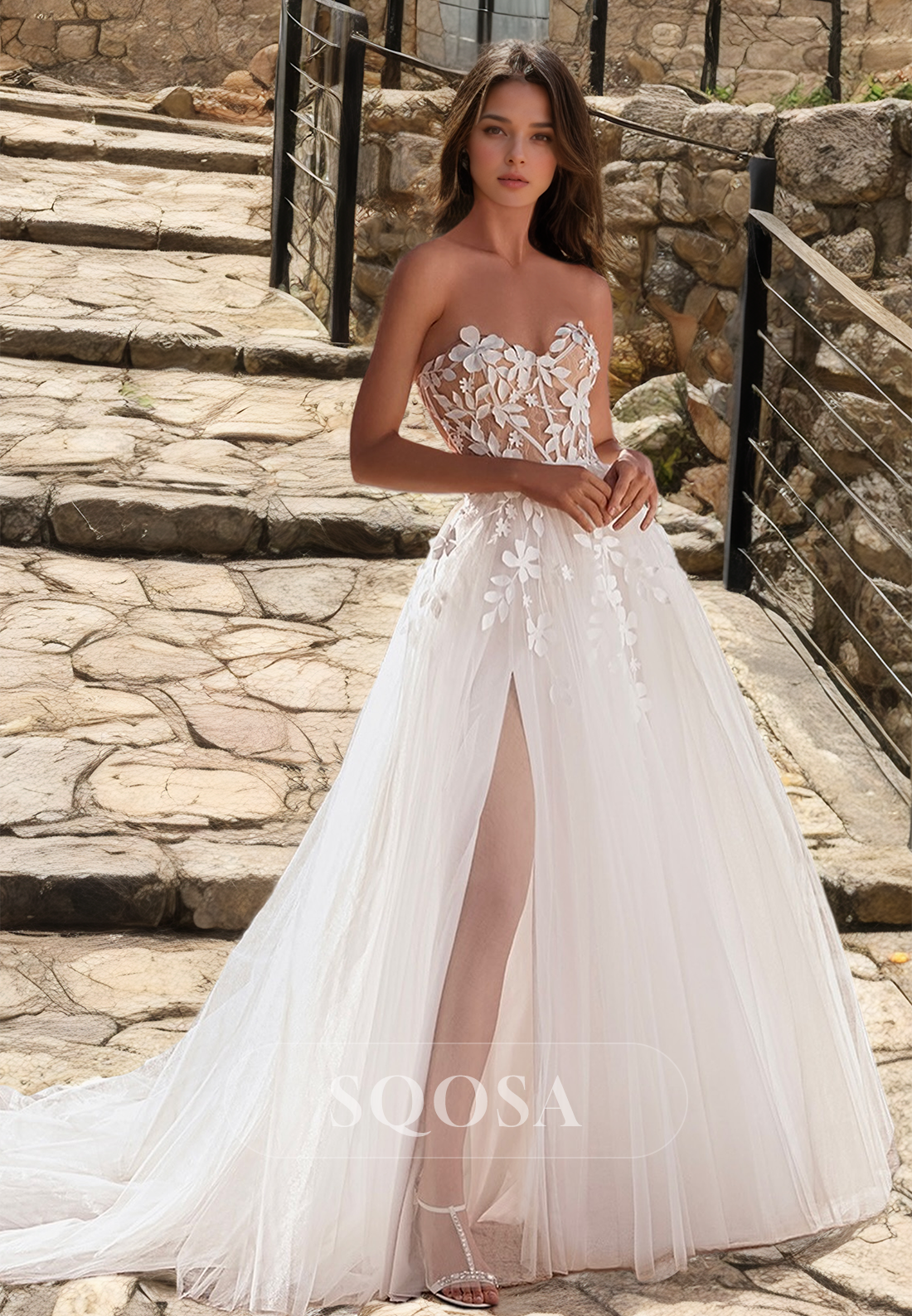 Sweetheart Off-Shoulder Lace A-Line Wedding Dress Floral Applique Cutout Boho Bride Gowns with High Slit White / US2 Sweetheart Off-Shoulder Lace A-Line Wedding Dress Floral Applique Cutout Boho Bride Gowns with High Slit White / US2