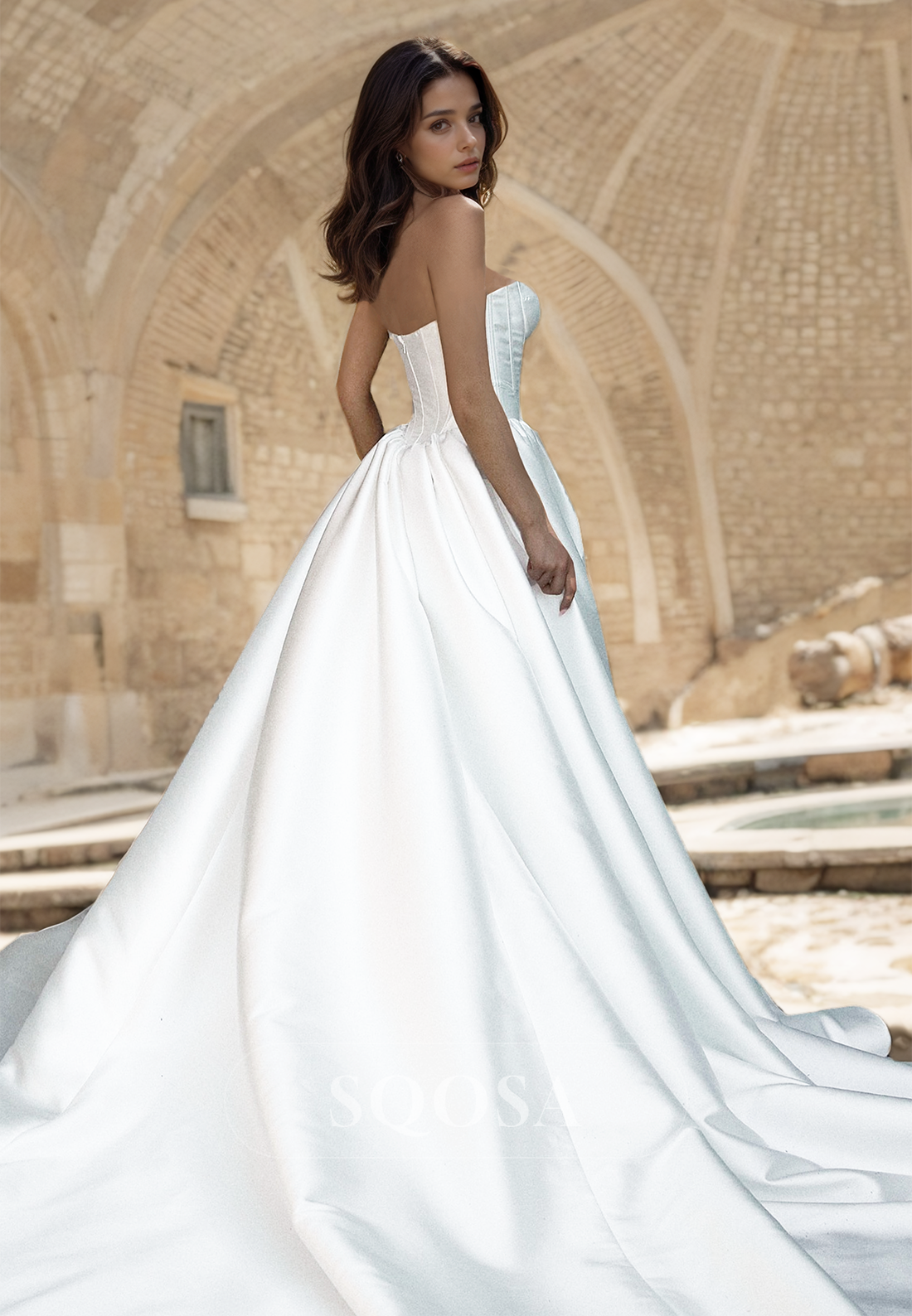 Simple Sweetheart Off-Shoulder Sleeveless Pleated Satin A-Line Wedding Dress with Train