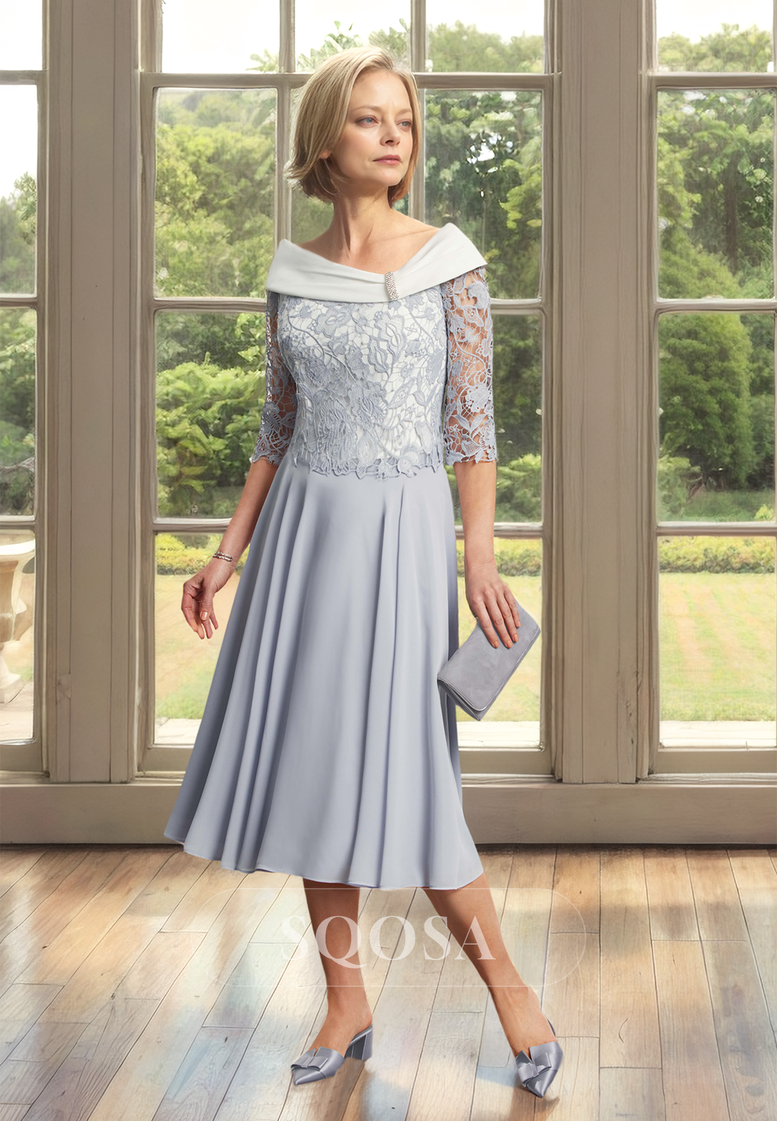 Asymmetrical-Neck Half-Sleeves Midi A-line Mother of the Bride Dress Blouson Lace Applique Cocktail Gowns Light Gray / US12 Asymmetrical-Neck Half-Sleeves Midi A-line Mother of the Bride Dress Blouson Lace Applique Cocktail Gowns Light Gray / US12
