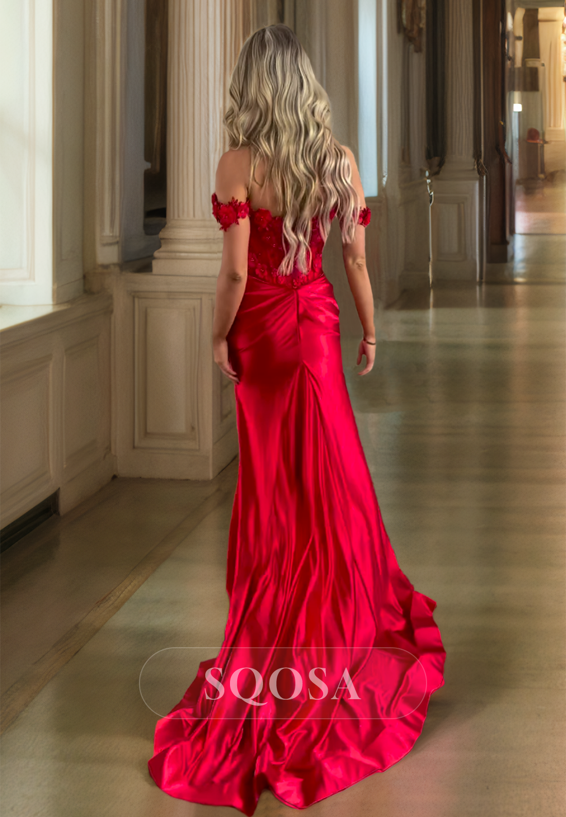 Sweetheart Sleeveless Satin Mermaid Prom Dress Beaded Floral Embossed High Slit Formal Gowns