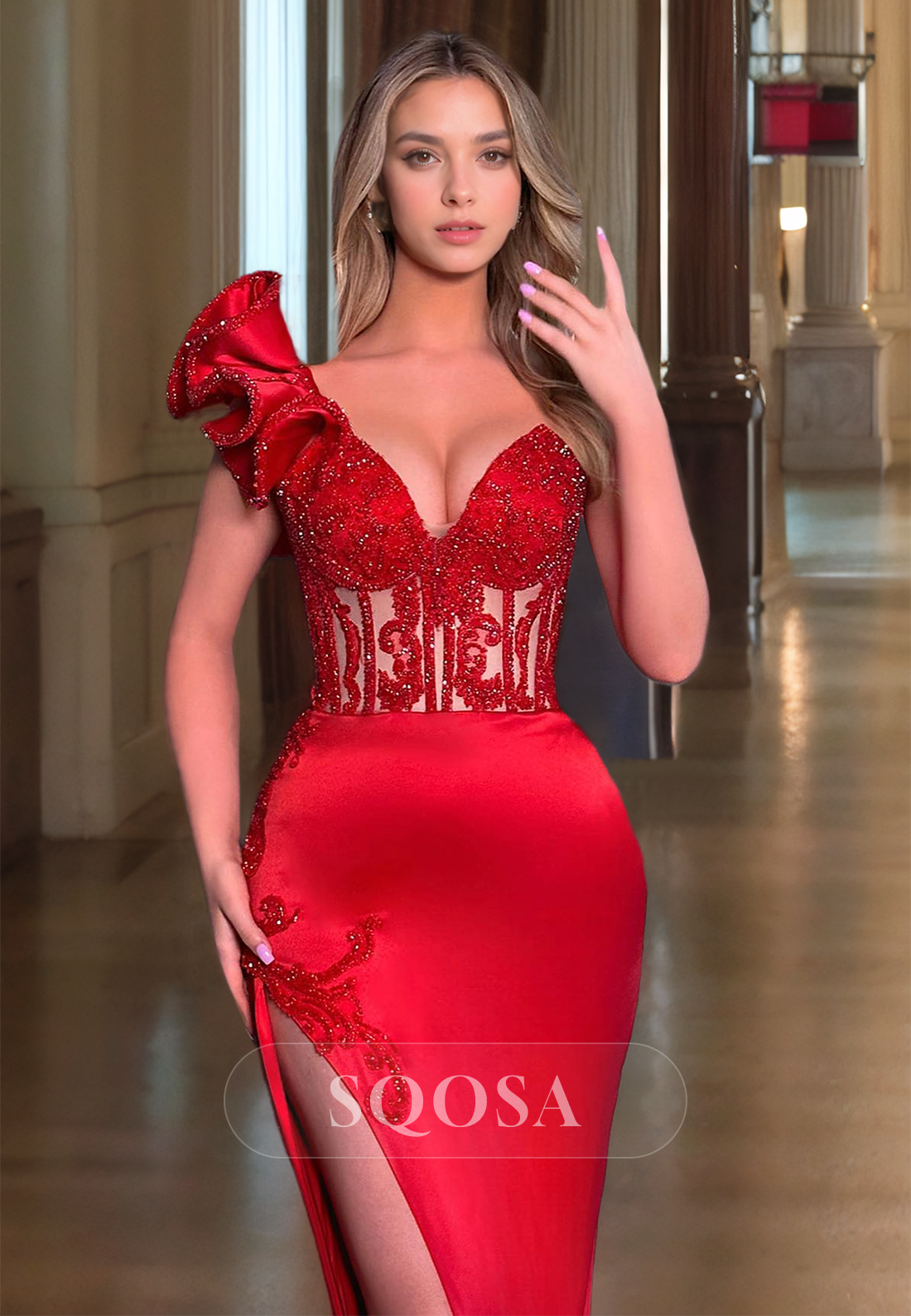 V-Neck Sleeveless Satin Formal Gowns Beaded Cutout Mermaid Prom Dress with Ruffled Trimmed