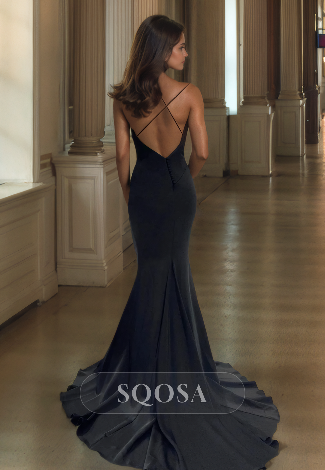 Sleeveless Spaghetti Straps Satin Mermaid Prom Dress V-Neck Off-Shoulder Formal Gowns with Train