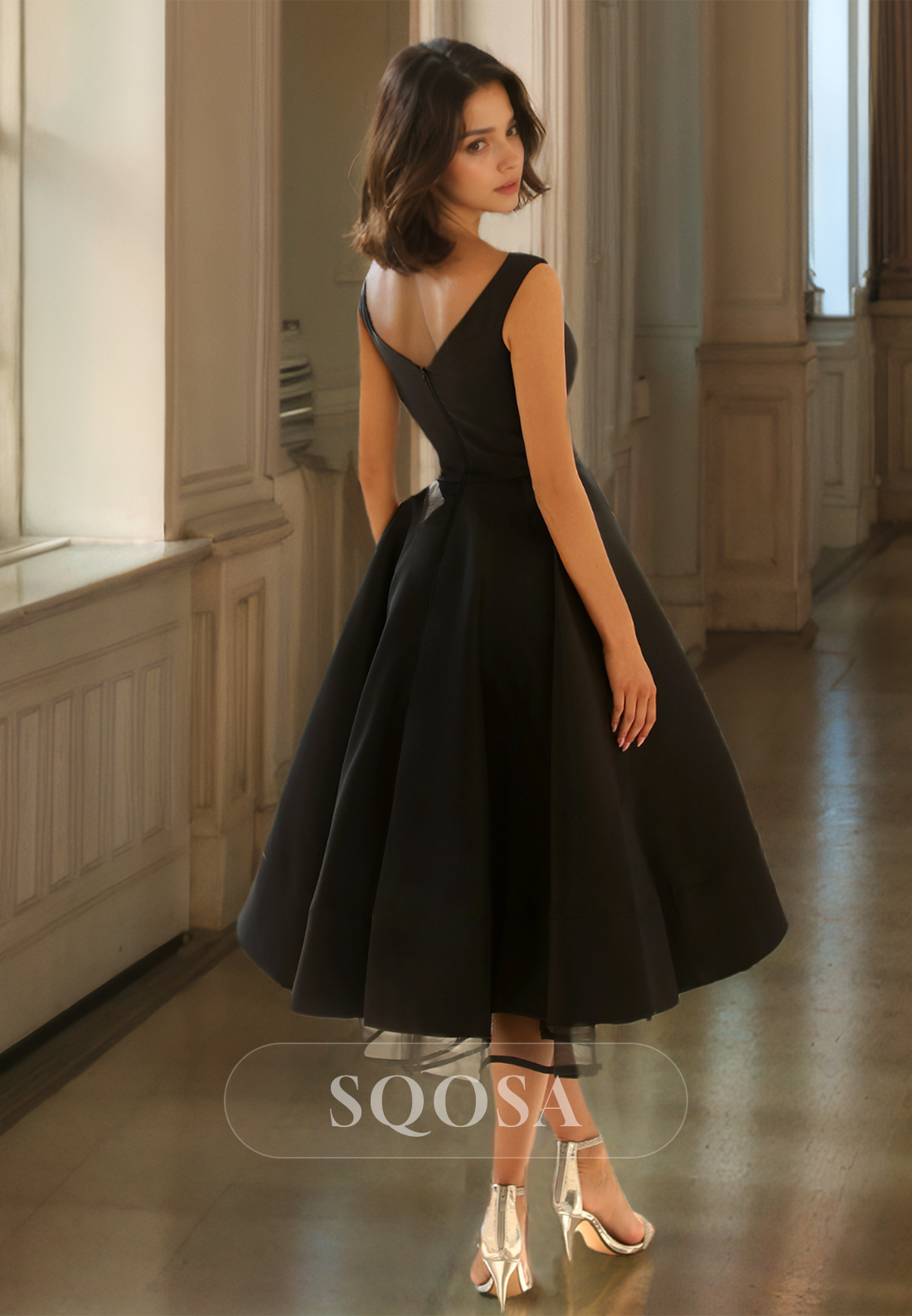 Simple V-Neck Straps Off-Shoulder Sleeveless Pleated A-Line Tiered Midi Formal Prom Dress