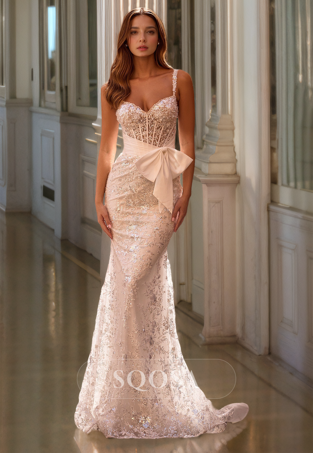 Sweetheart Spaghetti Straps Beaded Evening Gowns Sleeveless Glitter Lace Mermaid Prom Dress with Bows Sweetheart Spaghetti Straps Beaded Evening Gowns Sleeveless Glitter Lace Mermaid Prom Dress with Bows