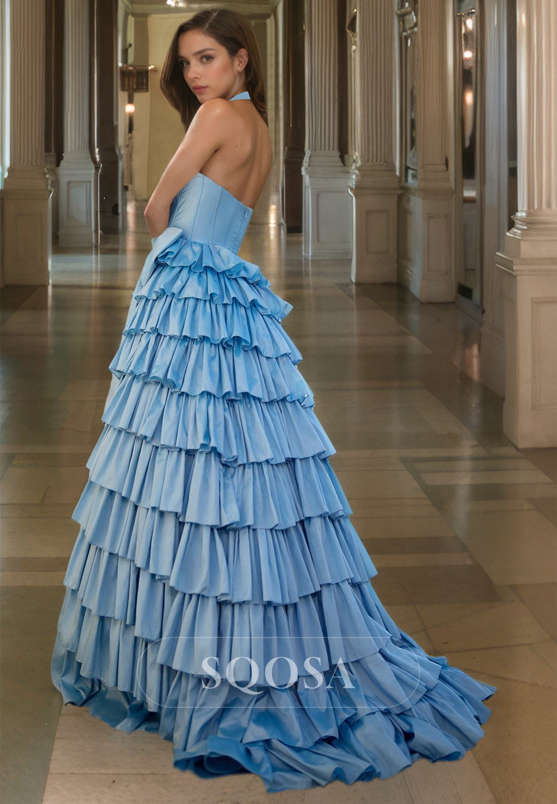 Halter Deep V-Neck Sleeveless A-Line Prom Dress High Slit Tiered Formal Gowns with Bow