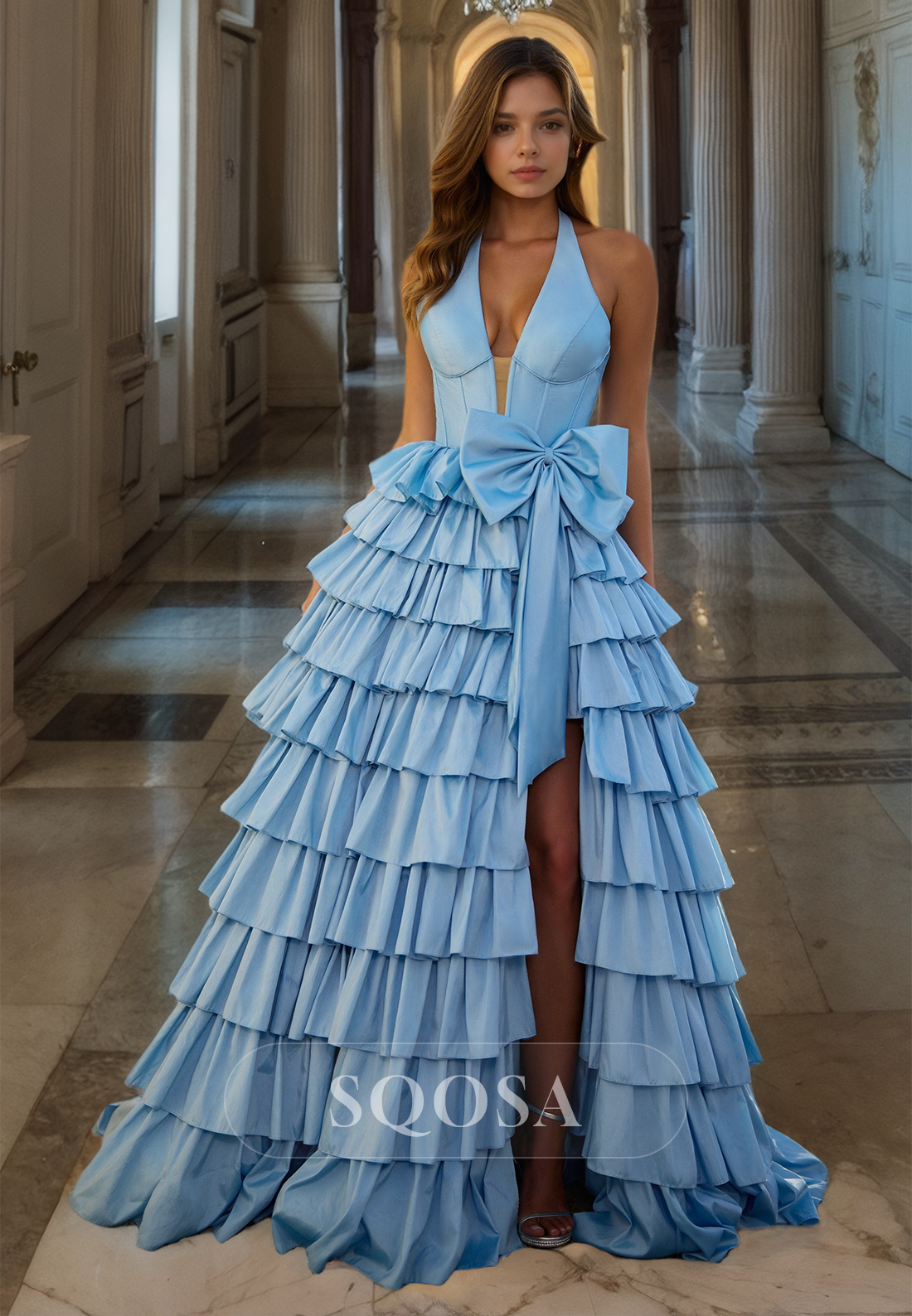 Cute & Chic A-Line Low V Neck Halter Sleeveless Prom Dresses Party Dress Tiered Side Slit Evening Gown woth Bow Knot Cocktail Dress US14 / As Pic Cute & Chic A-Line Low V Neck Halter Sleeveless Prom Dresses Party Dress Tiered Side Slit Evening Gown woth Bow Knot Cocktail Dress US14 / As Pic