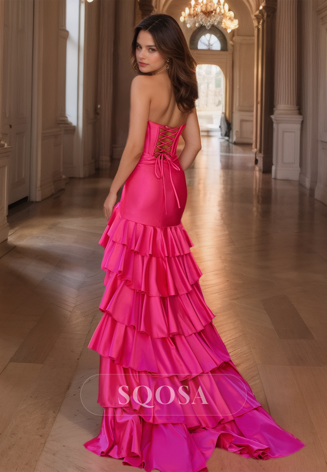 Sweetheart Off-Shoulder Sleeveless Pleated High Slit Tiered Floor-Length Fitted Formal Prom Dress