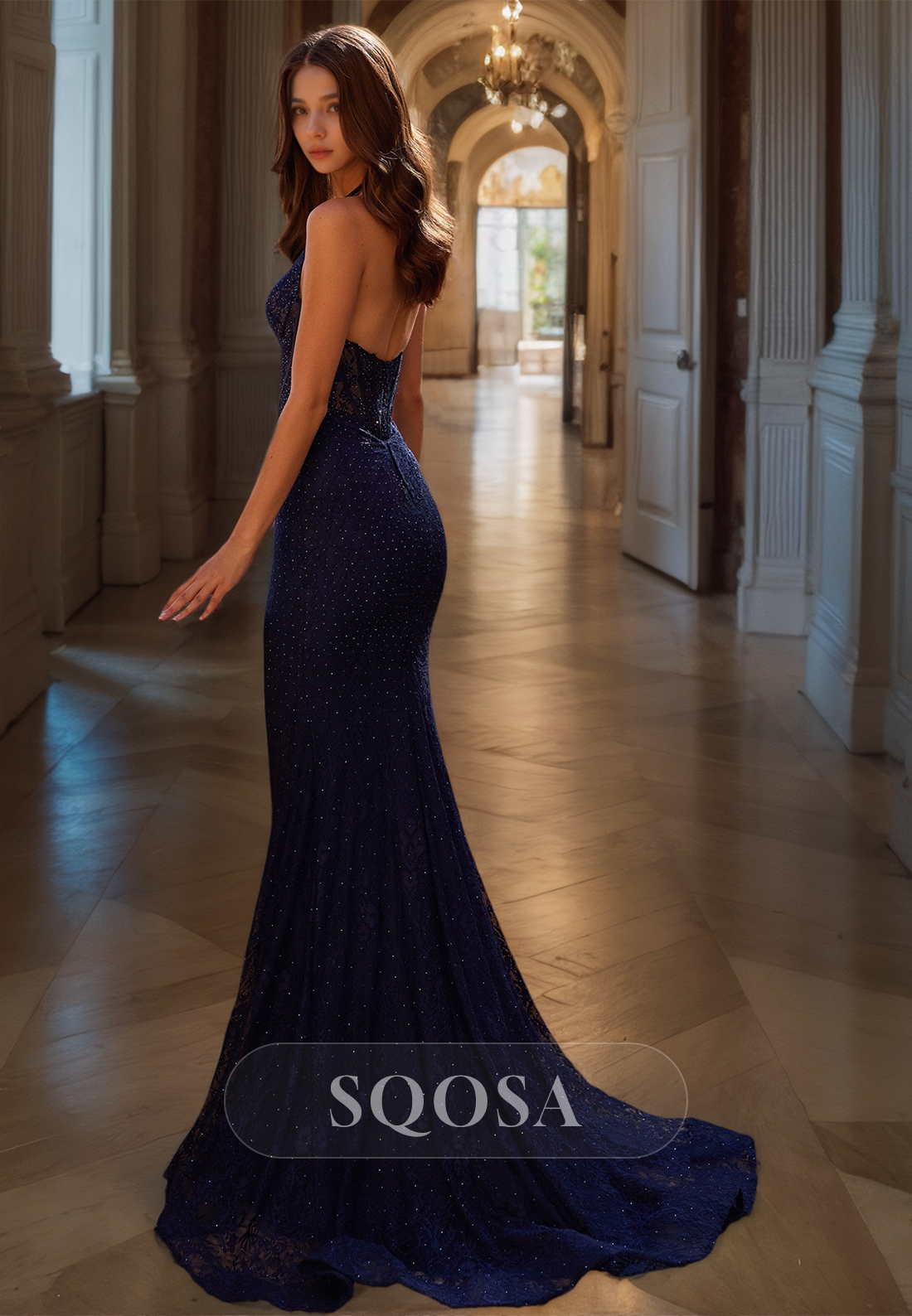 Halter Deep V-Neck Sleeveless Mermaid Prom Dress Off-Shoulder Fully Beaded Lace Evening Downs