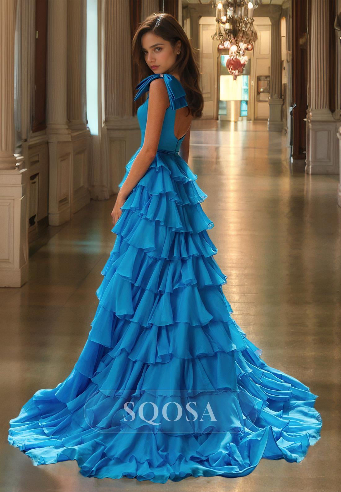Square-Neck Bows-Straps Sleeveless A-Line Prom Dress Off-Shoulder Chiffon Tiered Formal Gowns