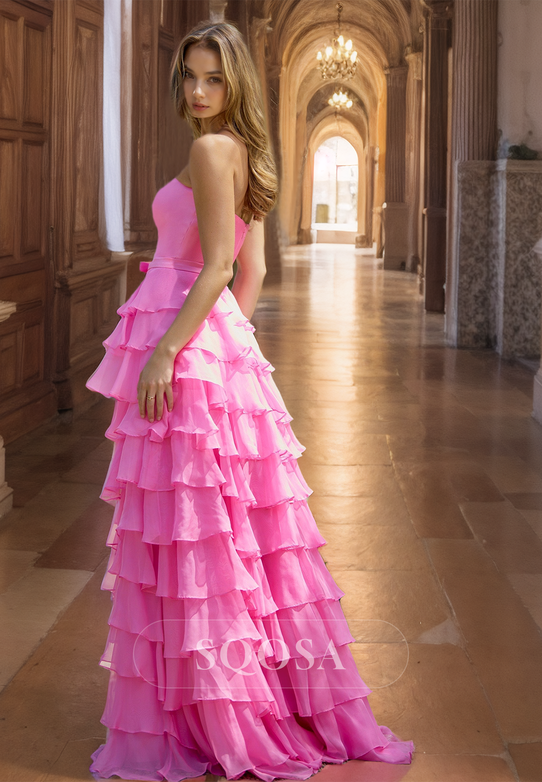 Tube Top Off-Shoulder Sleeveless Evening Gowns Pleated Chiffon Tiered Slit Fitted Prom Dress