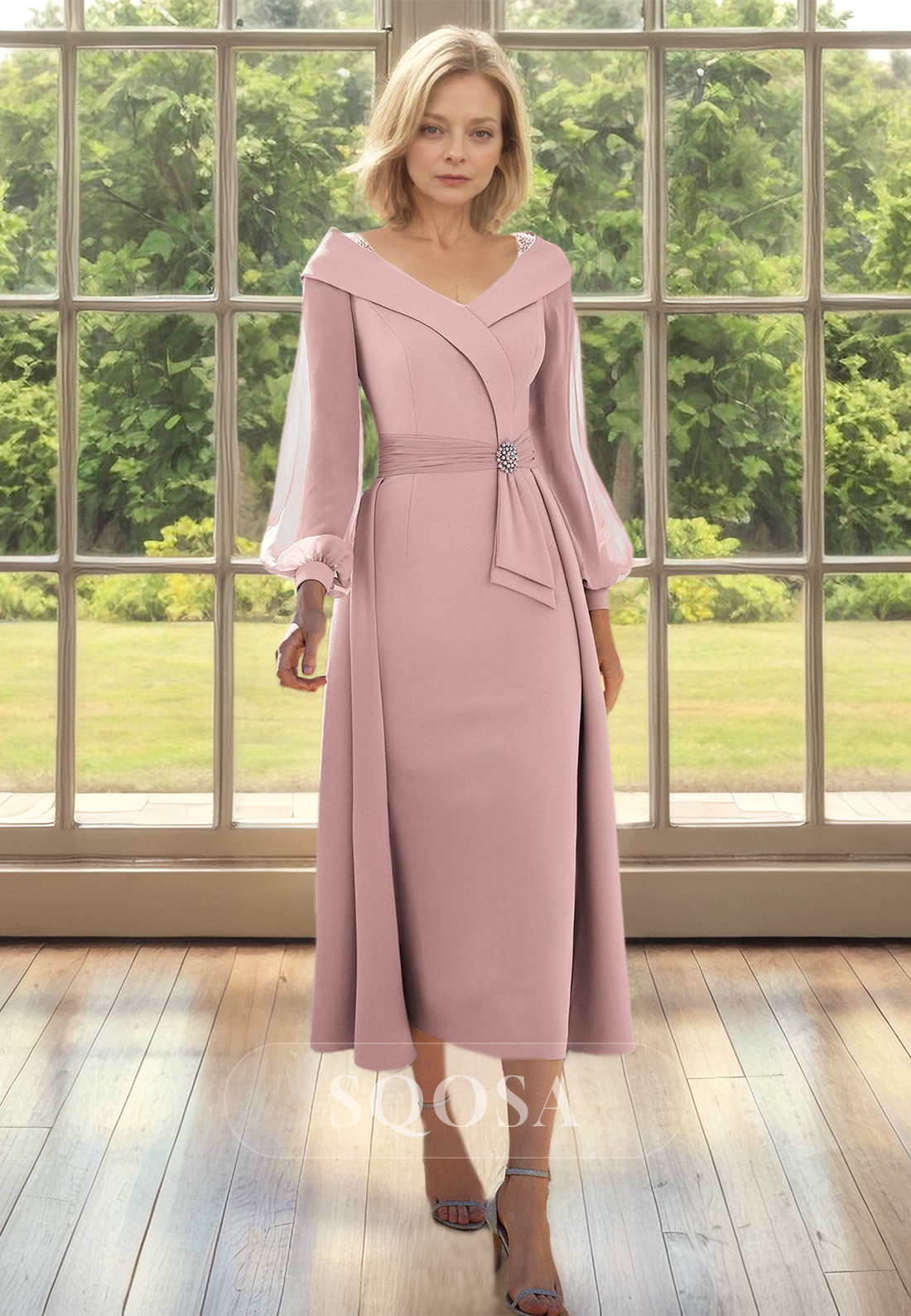 V-Neck Tulle Long-Sleeves Midi A-Line Mother of the Bride Dress Beaded Plerated Satin Cocktail Gowns Blushing Pink / US10 V-Neck Tulle Long-Sleeves Midi A-Line Mother of the Bride Dress Beaded Plerated Satin Cocktail Gowns Blushing Pink / US10
