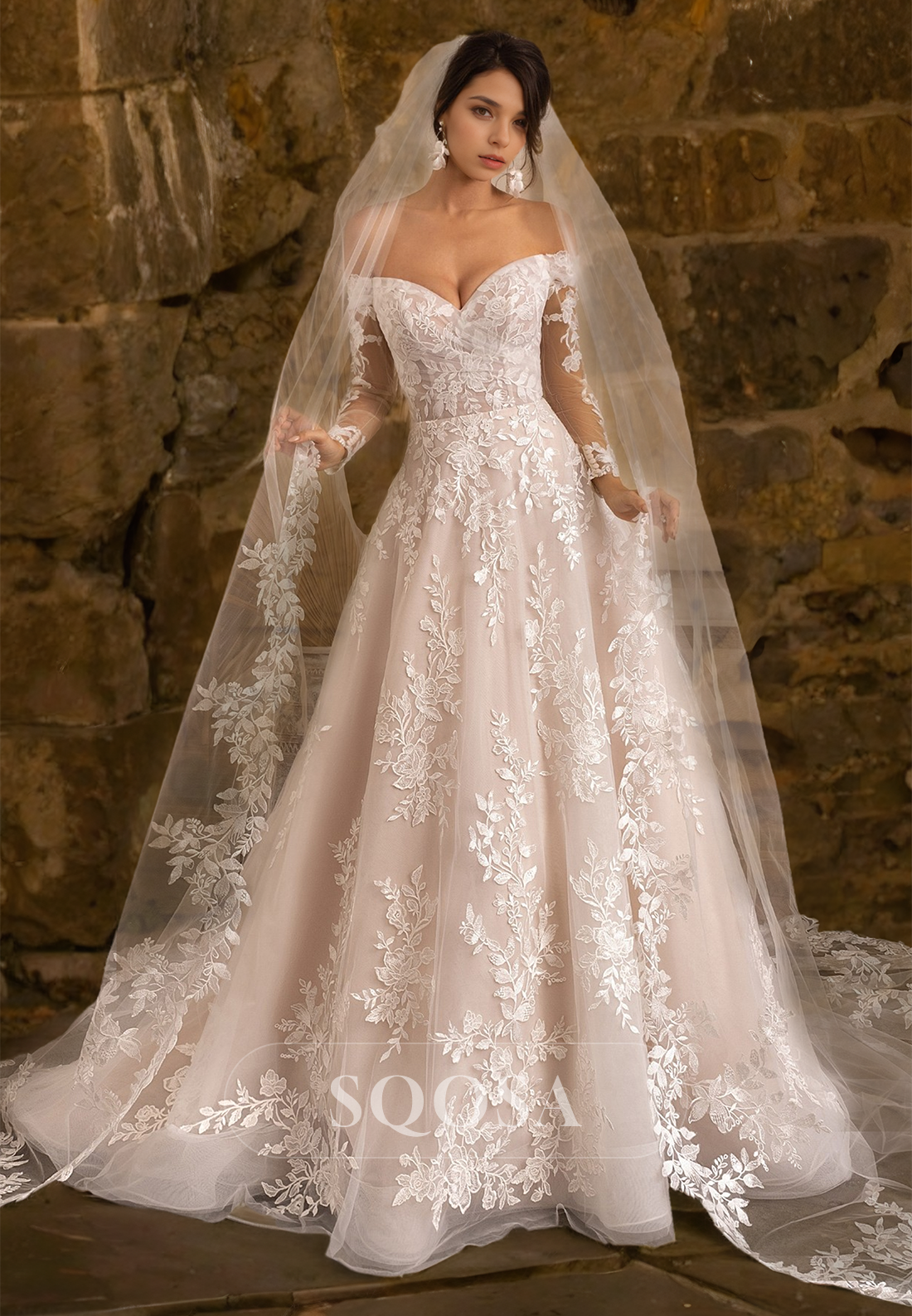 Sweetheart Long-Sleeves A-Line Wedding Dress Off-Shoulder Bride Gowns with Lace Applique Overlay Custom Color / Custom Size Sweetheart Long-Sleeves A-Line Wedding Dress Off-Shoulder Bride Gowns with Lace Applique Overlay Custom Color / Custom Size