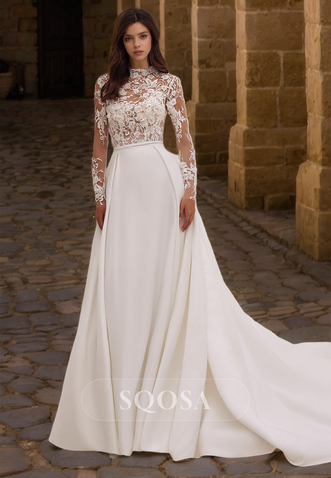 High-Neck Long-Sleeves Lace Applique Beaded Cutout Satin A-Line Weddin SQOSA High-Neck Long-Sleeves Lace Applique Beaded Cutout Satin A-Line Weddin SQOSA