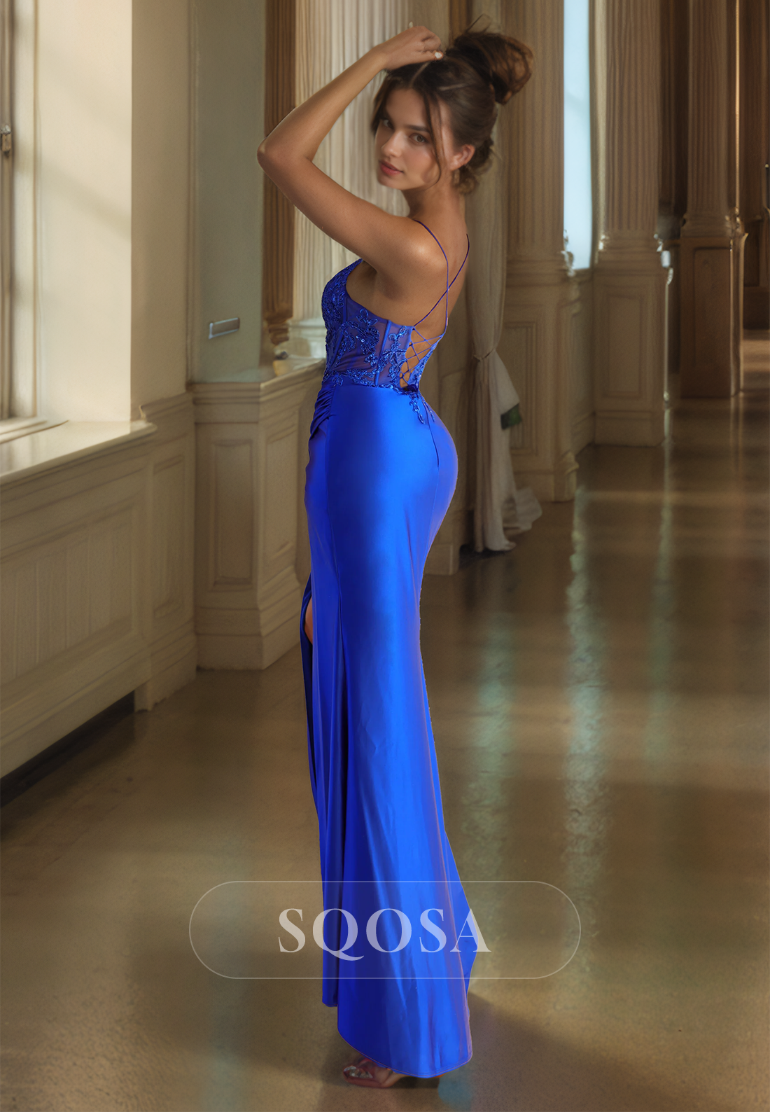 Scoop-Neck Spaghetti Straps Off-Shoulder Sleeveless Sequined Beaded Pleated Mermaid Prom Dress