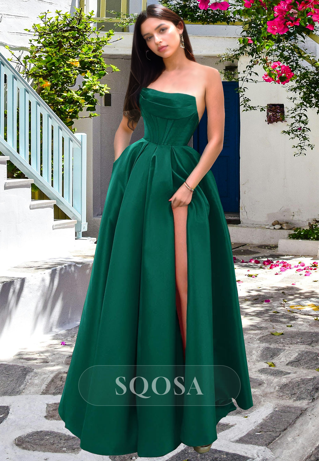 Tube Top Sleeveless Off-Shoulder Formal Gowns Pleated Floor-Length A-Line Prom Dress with High Slit Custom Color / US14 Tube Top Sleeveless Off-Shoulder Formal Gowns Pleated Floor-Length A-Line Prom Dress with High Slit Custom Color / US14
