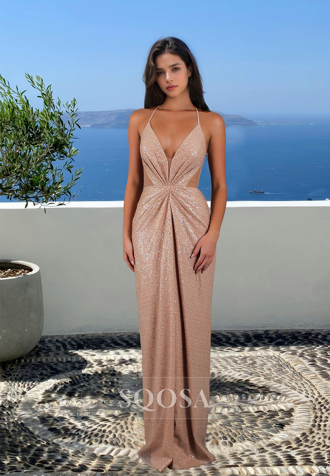 Deep V-Neck Glitter-Knit Pleated Formal Gowns Spaghetti Straps Sleevel SQOSA Deep V-Neck Glitter-Knit Pleated Formal Gowns Spaghetti Straps Sleevel SQOSA