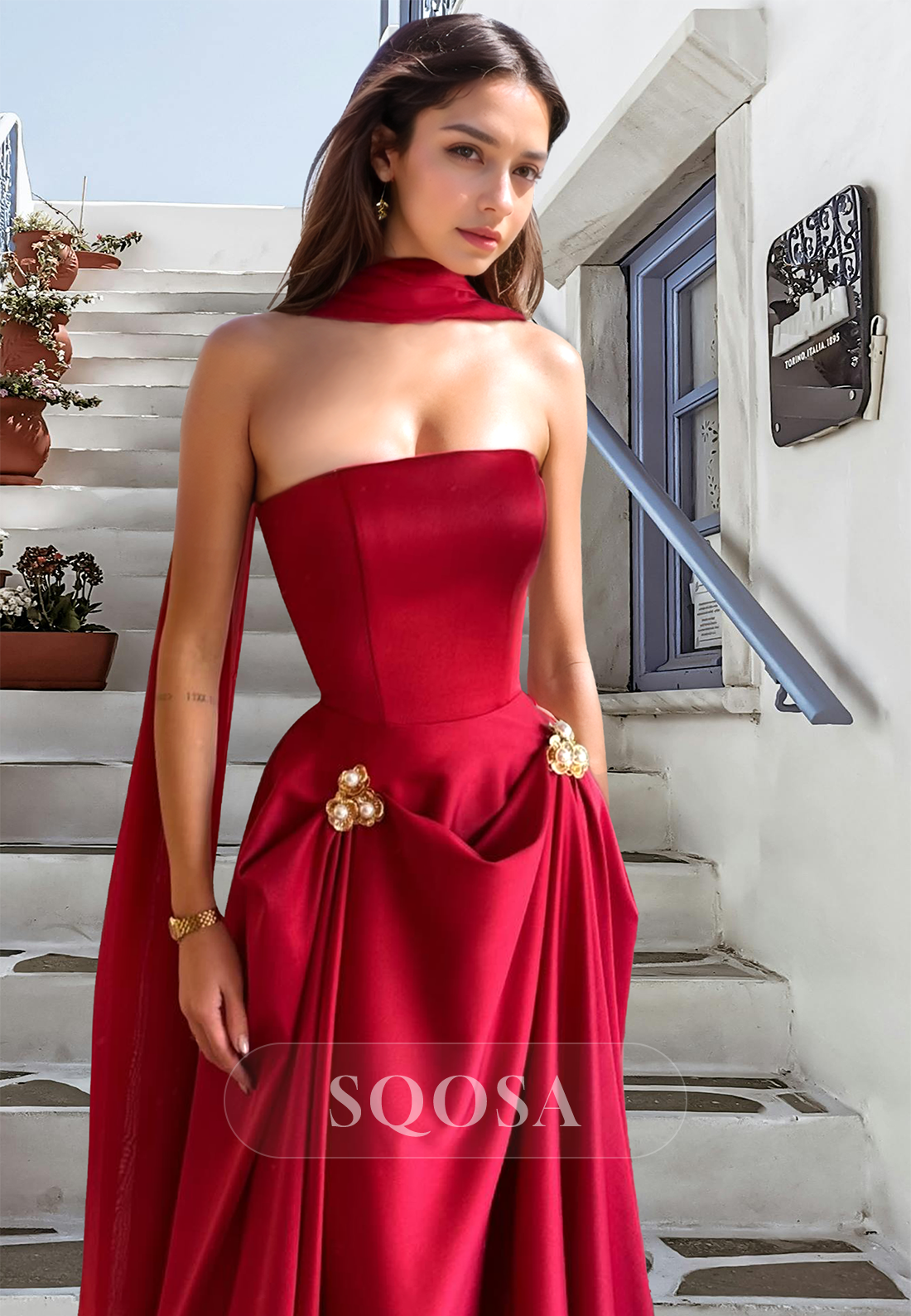 Tube Top Off-Shoulder Sleeveless A-Line Prom Dress Metallic Floral Embossed Pleated Party Gowns