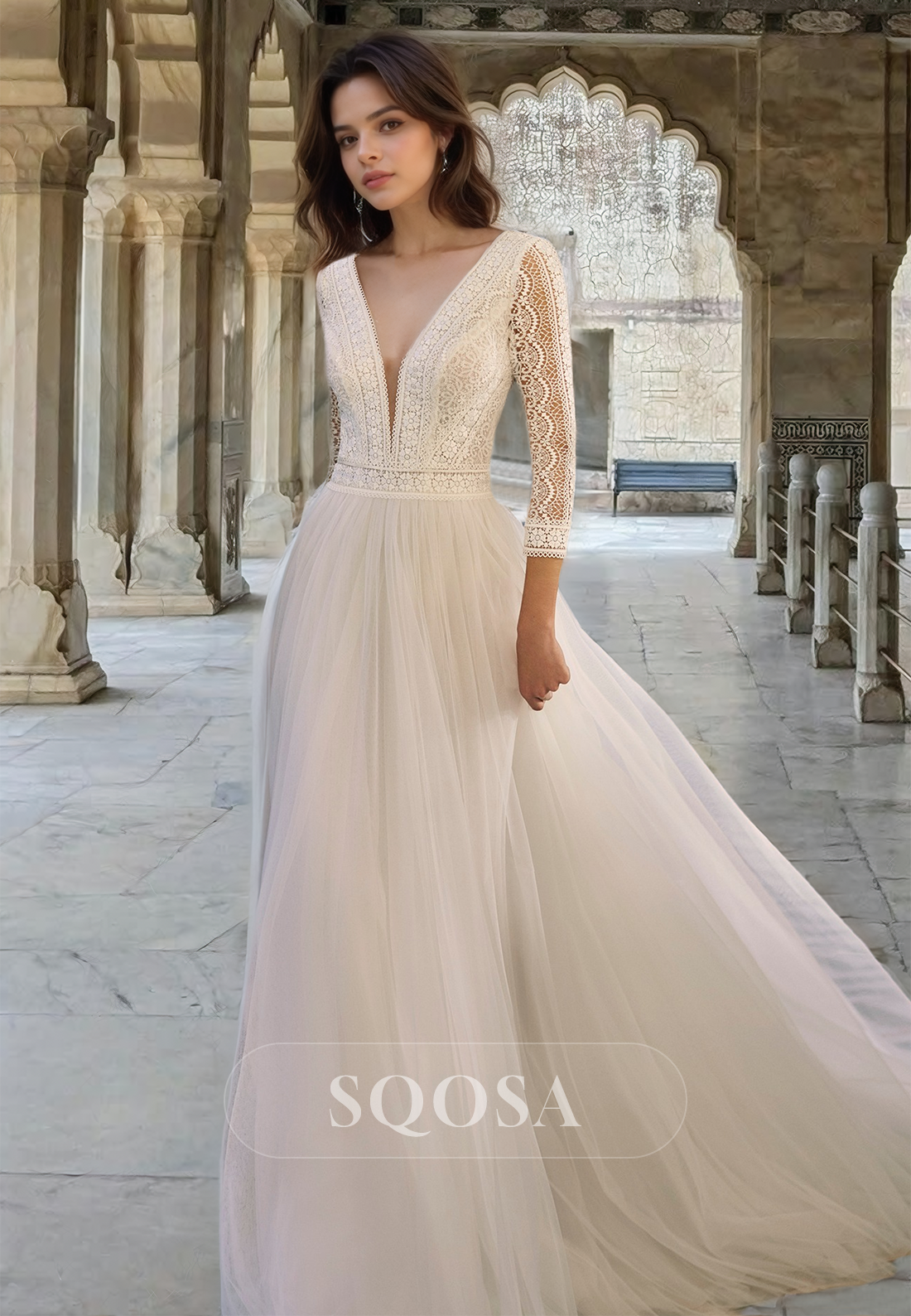 Blouson Cutout Lace Applique Bride Gowns Deep V-Neck Long-Sleeves Pleated Tulle Wedding Dress Ivory / US12 Blouson Cutout Lace Applique Bride Gowns Deep V-Neck Long-Sleeves Pleated Tulle Wedding Dress Ivory / US12