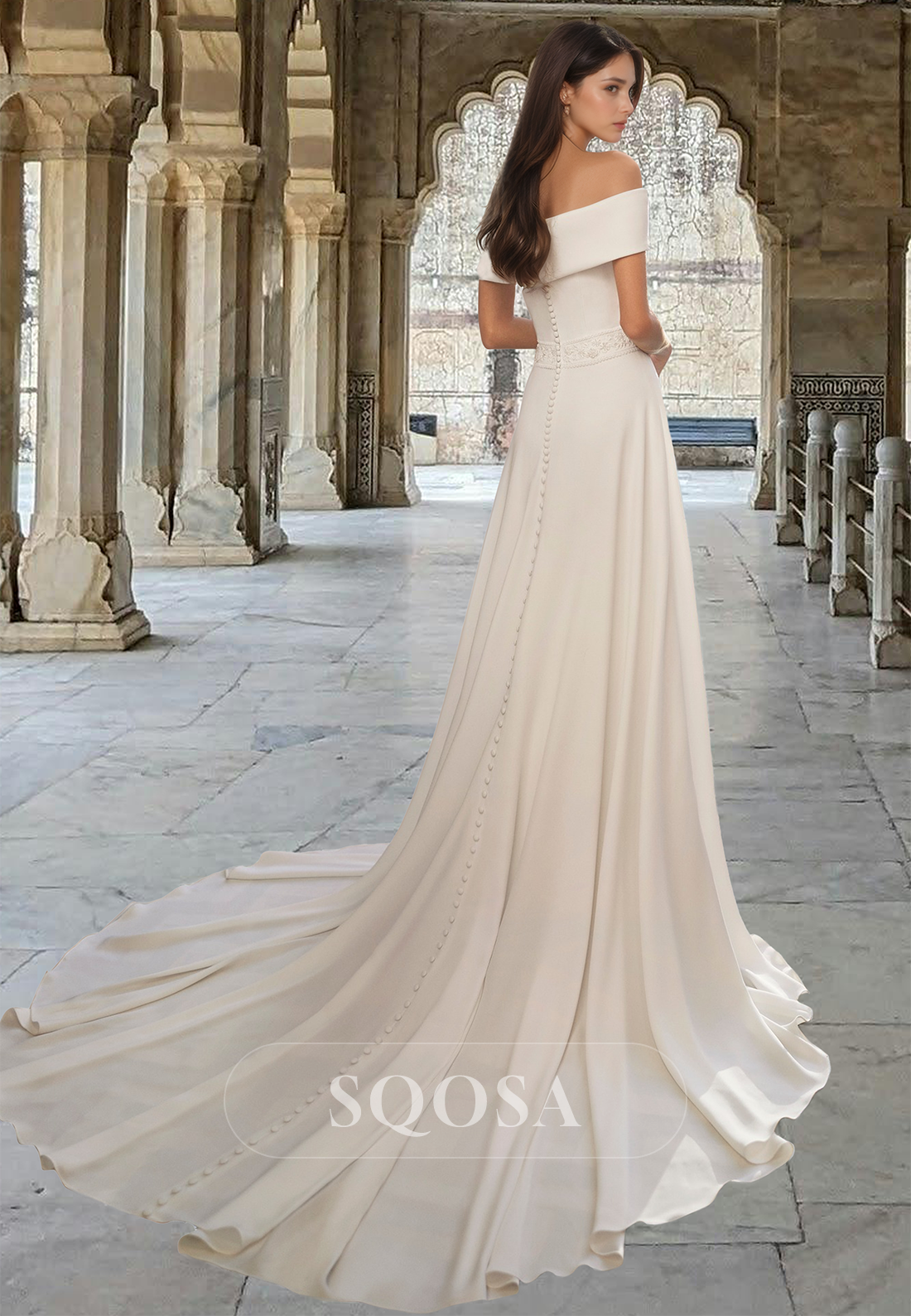 Tube Top Long-Sleeves Satin A-Line Wedding Dress Off-Shoulder Pleated Beaded Train Bride Gowns