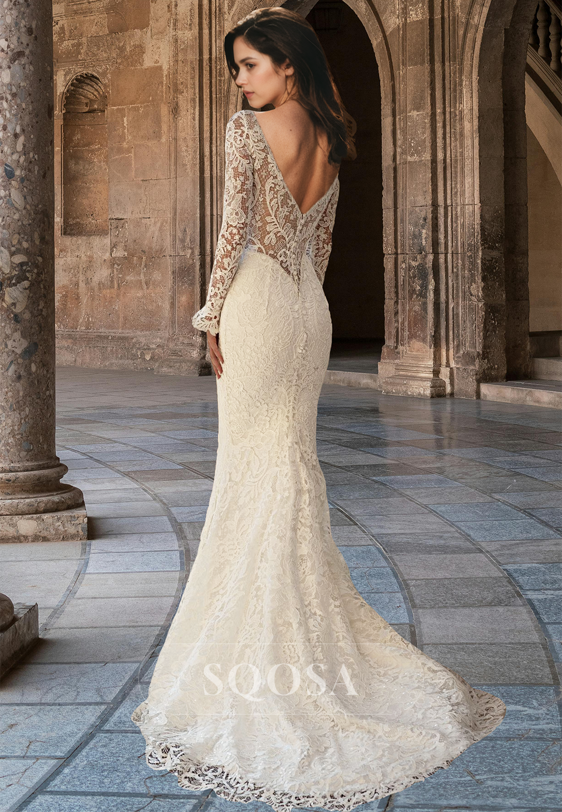 Long-Sleeves Deep V-Neck Allover Lace Applique Cutout Pleated Sweep Train Mermaid Wedding Dress