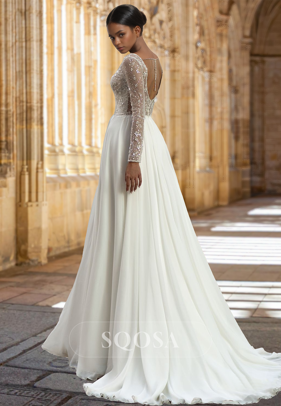 A-Line V-Neck Long-Sleeveless Chiffon Wedding Dress Beaded Sequins Pleated Bride Gowns