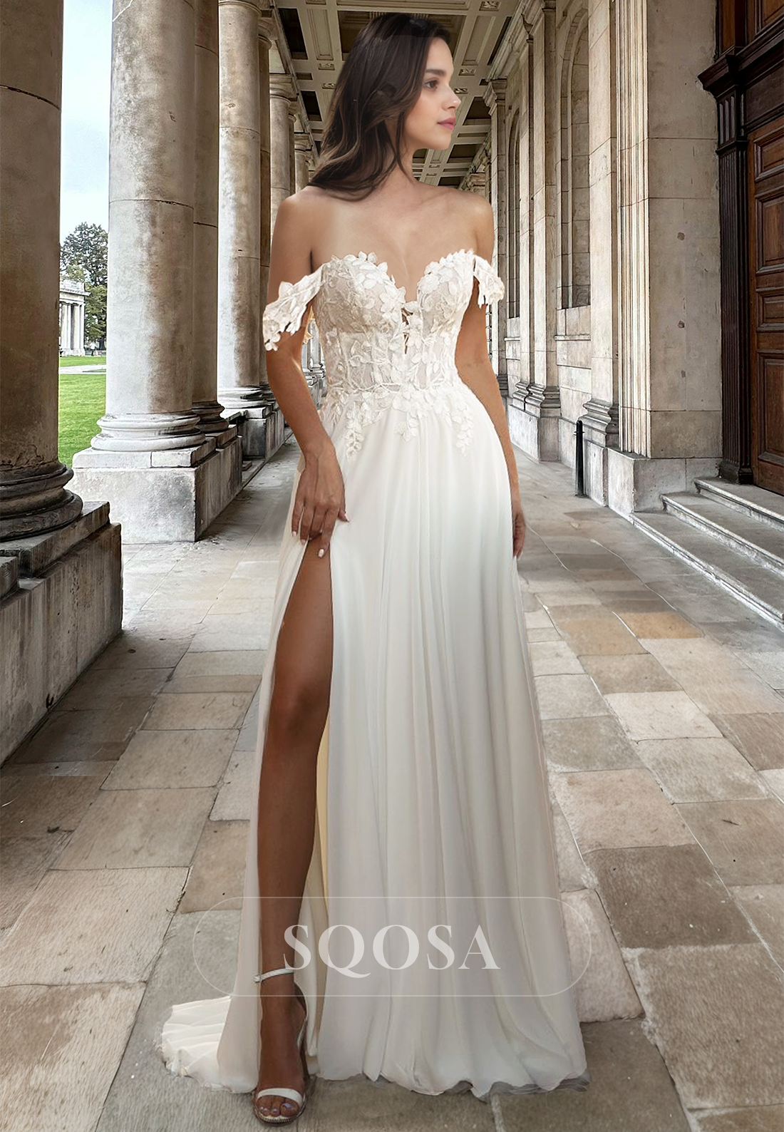 Sweetheart Sleeveless Chiffon A-Line Wedding Dress Foliage Motif Applique Bride Gowns with High Slit Ivory / US6 Sweetheart Sleeveless Chiffon A-Line Wedding Dress Foliage Motif Applique Bride Gowns with High Slit Ivory / US6