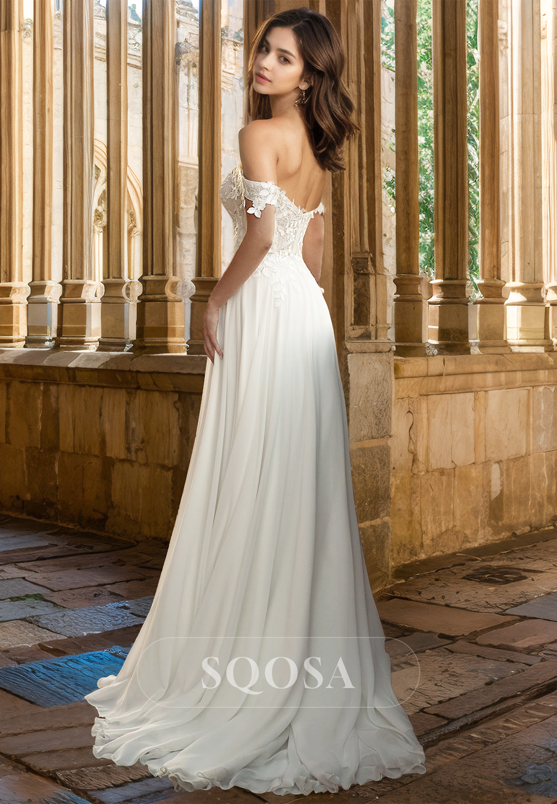 Sweetheart Sleeveless Chiffon A-Line Wedding Dress Foliage Motif Applique Bride Gowns with High Slit