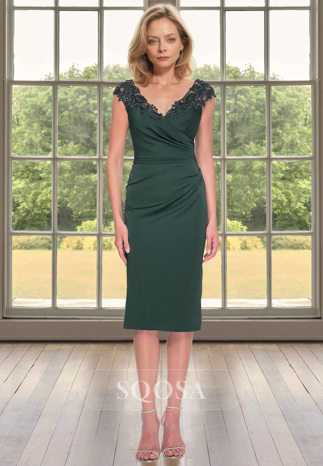 V-Neck Cap-Sleeves Applique Cocktail Gowns Beaded Pleated Midi Mermaid Mother of The Bride Dress Black / US14 V-Neck Cap-Sleeves Applique Cocktail Gowns Beaded Pleated Midi Mermaid Mother of The Bride Dress Black / US14
