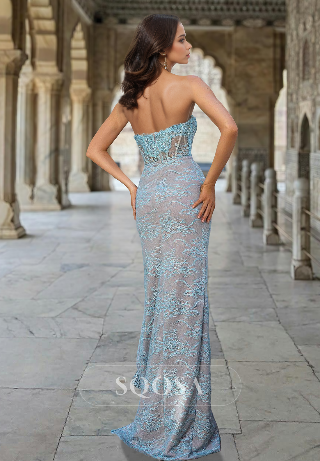 Off-Shoulder Sweetheart Sleeveless Party Gowns Allover Lace Pleated High Slit Mermaid Prom Dress