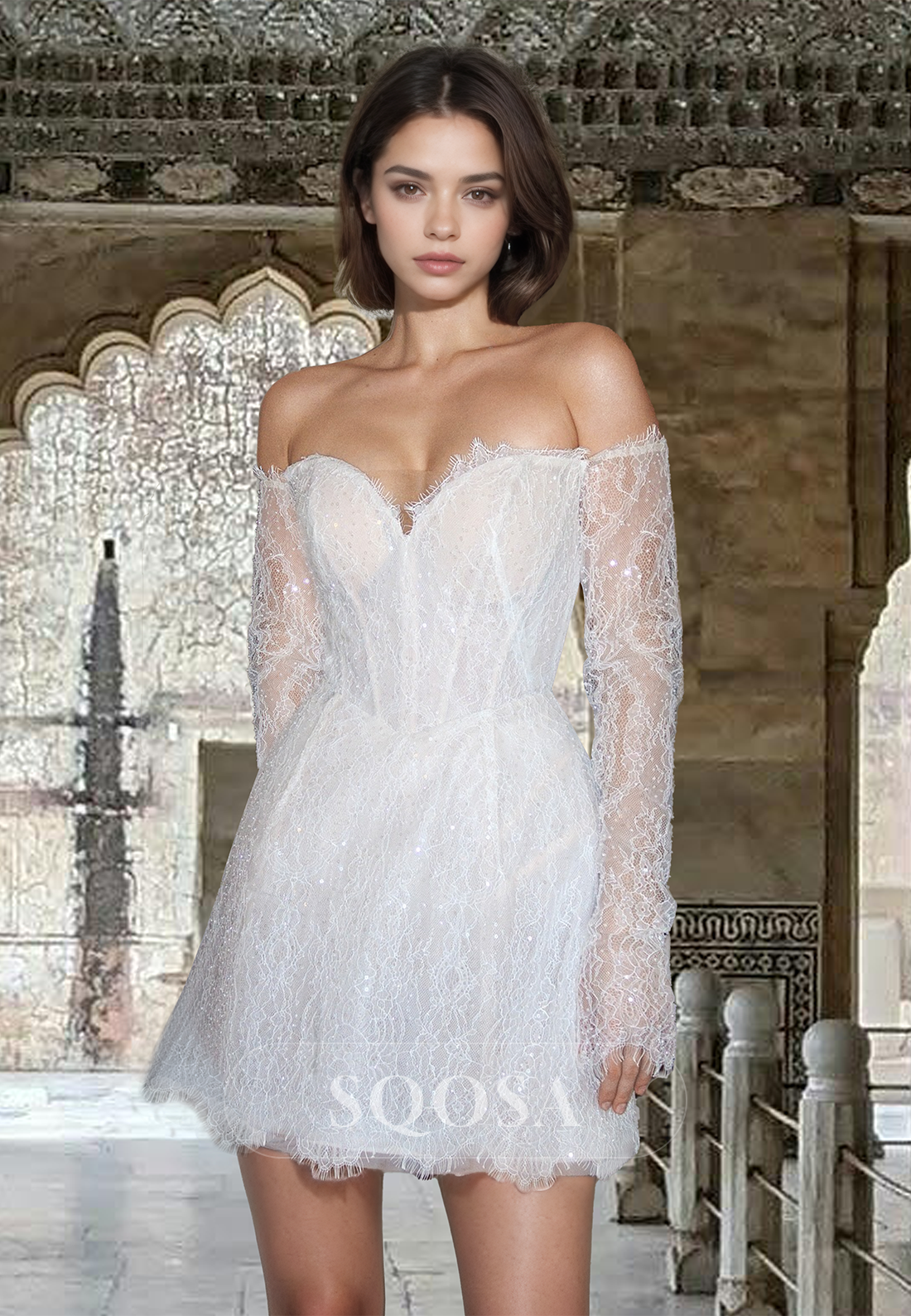 Sweetheart Off-Shoulder Long-Sleeves Beaded Allover Lace Cutout Boho B SQOSA Sweetheart Off-Shoulder Long-Sleeves Beaded Allover Lace Cutout Boho B SQOSA