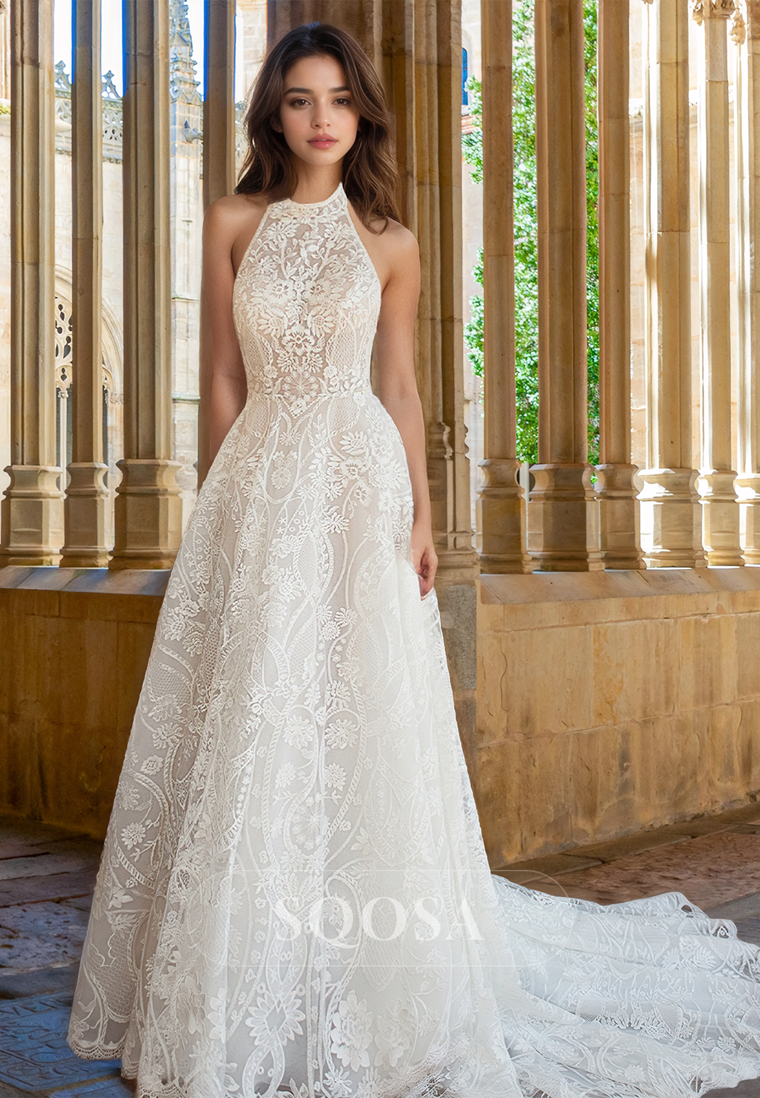 Halter Scoop-Neck Off-Shoulder Sleeveless Pleated A-Line Wedding Dress Allover Lace Sweep Train Bride Gowns Custom Color / US6 Halter Scoop-Neck Off-Shoulder Sleeveless Pleated A-Line Wedding Dress Allover Lace Sweep Train Bride Gowns Custom Color / US6