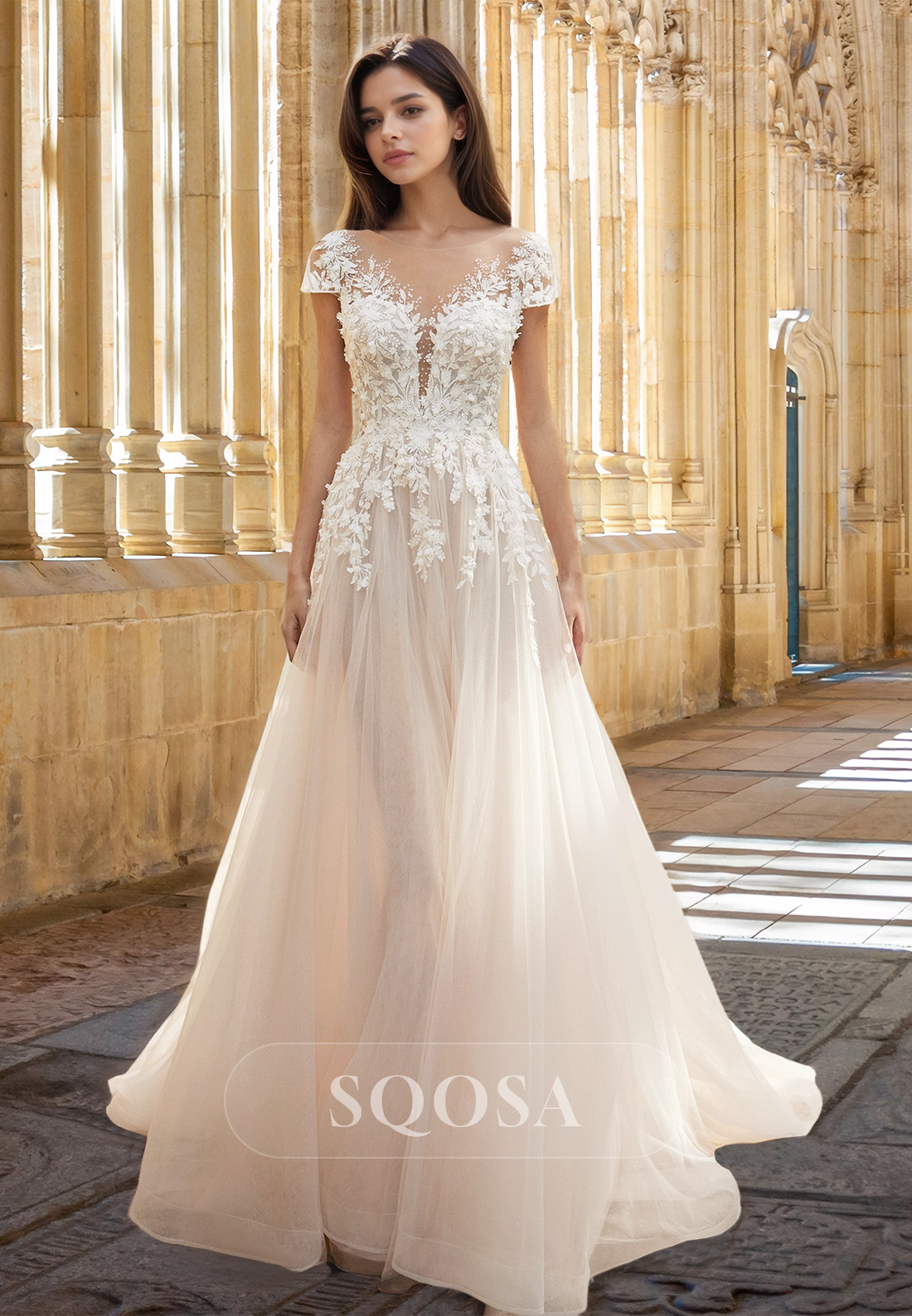 Scoop-Neck Short-Sleeves Pleated Tulle Bride Gowns Beaded Floral Embossed Applique A-Line Wedding Dress Custom Color / US6 Scoop-Neck Short-Sleeves Pleated Tulle Bride Gowns Beaded Floral Embossed Applique A-Line Wedding Dress Custom Color / US6