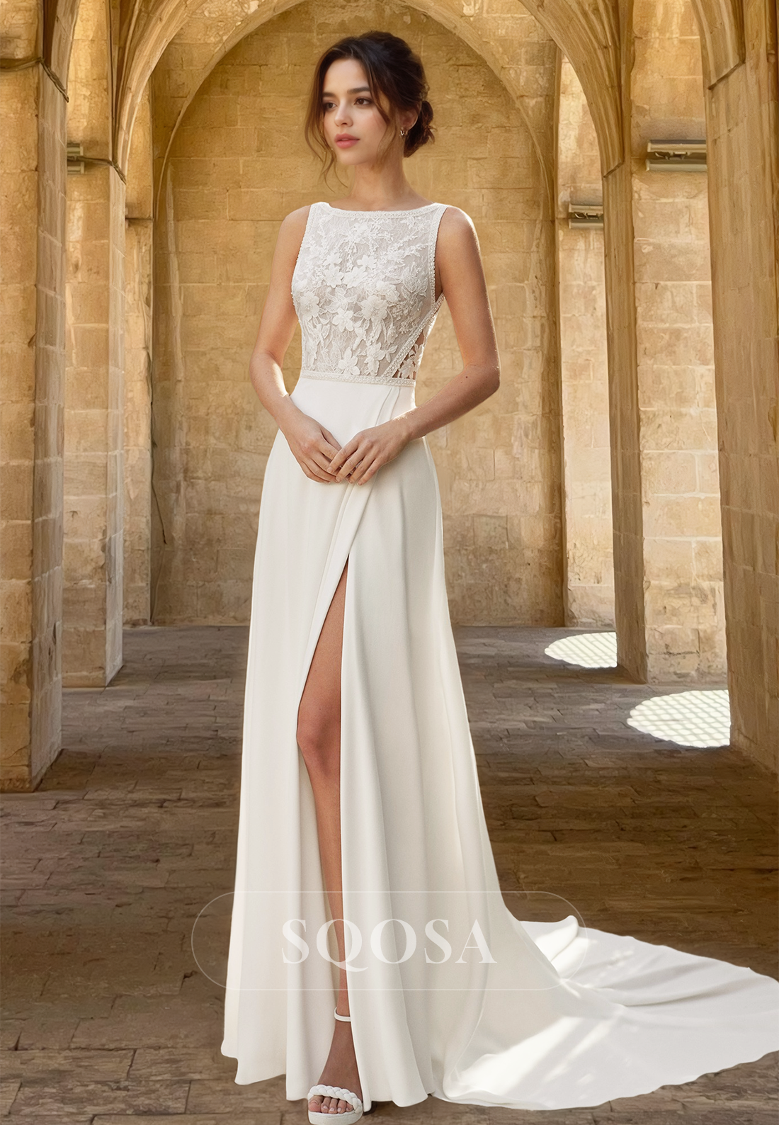 Scoop-Neck Off-Shoulder Sleeveless Satin Fitted Prom Dress Lace Appliq SQOSA Scoop-Neck Off-Shoulder Sleeveless Satin Fitted Prom Dress Lace Appliq SQOSA