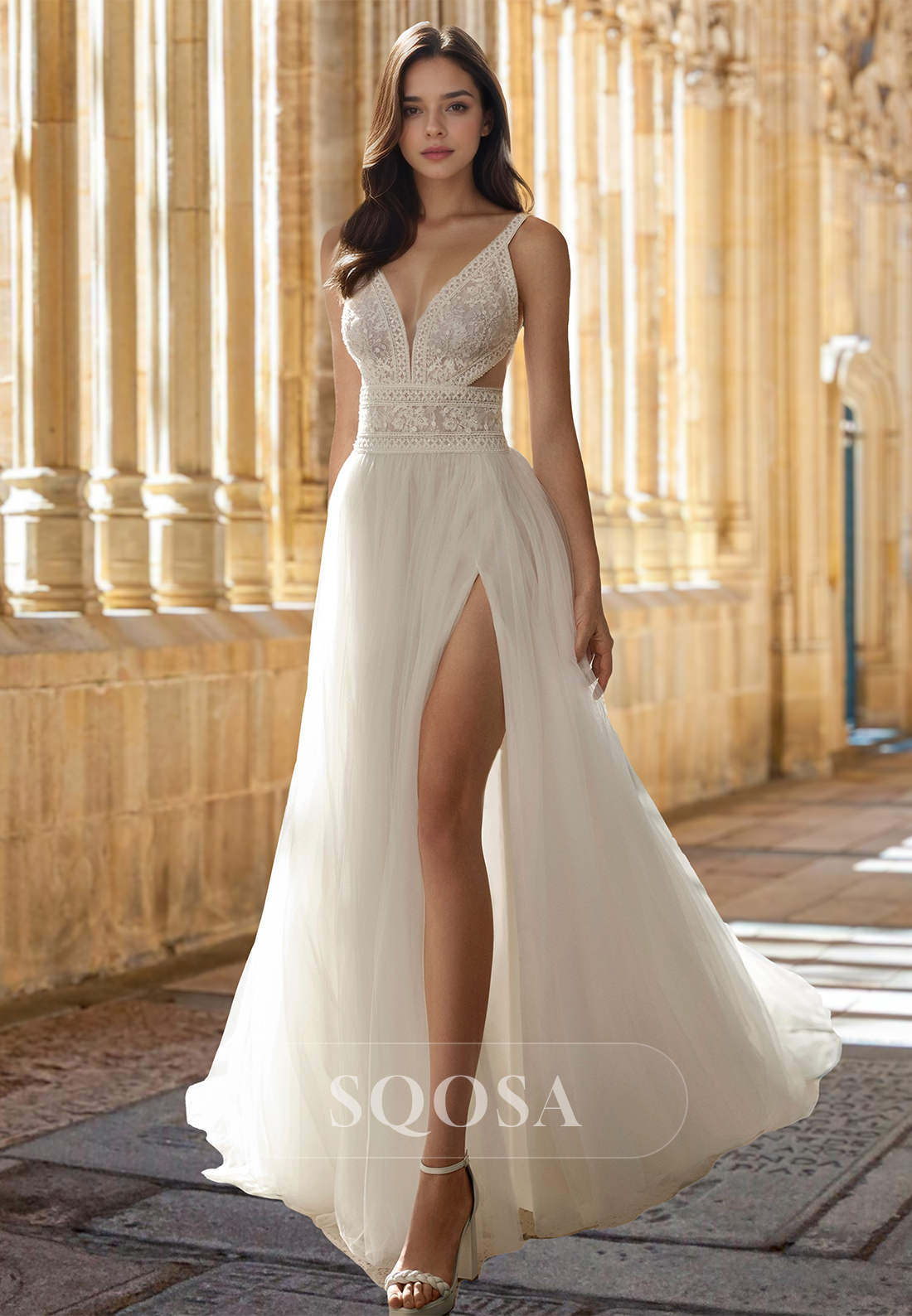 Spaghetti Straps Deep V-Neck Tulle A-Line Wedding Dress Beaded Lace Applique Cutout Bride Gowns White / US10 Spaghetti Straps Deep V-Neck Tulle A-Line Wedding Dress Beaded Lace Applique Cutout Bride Gowns White / US10