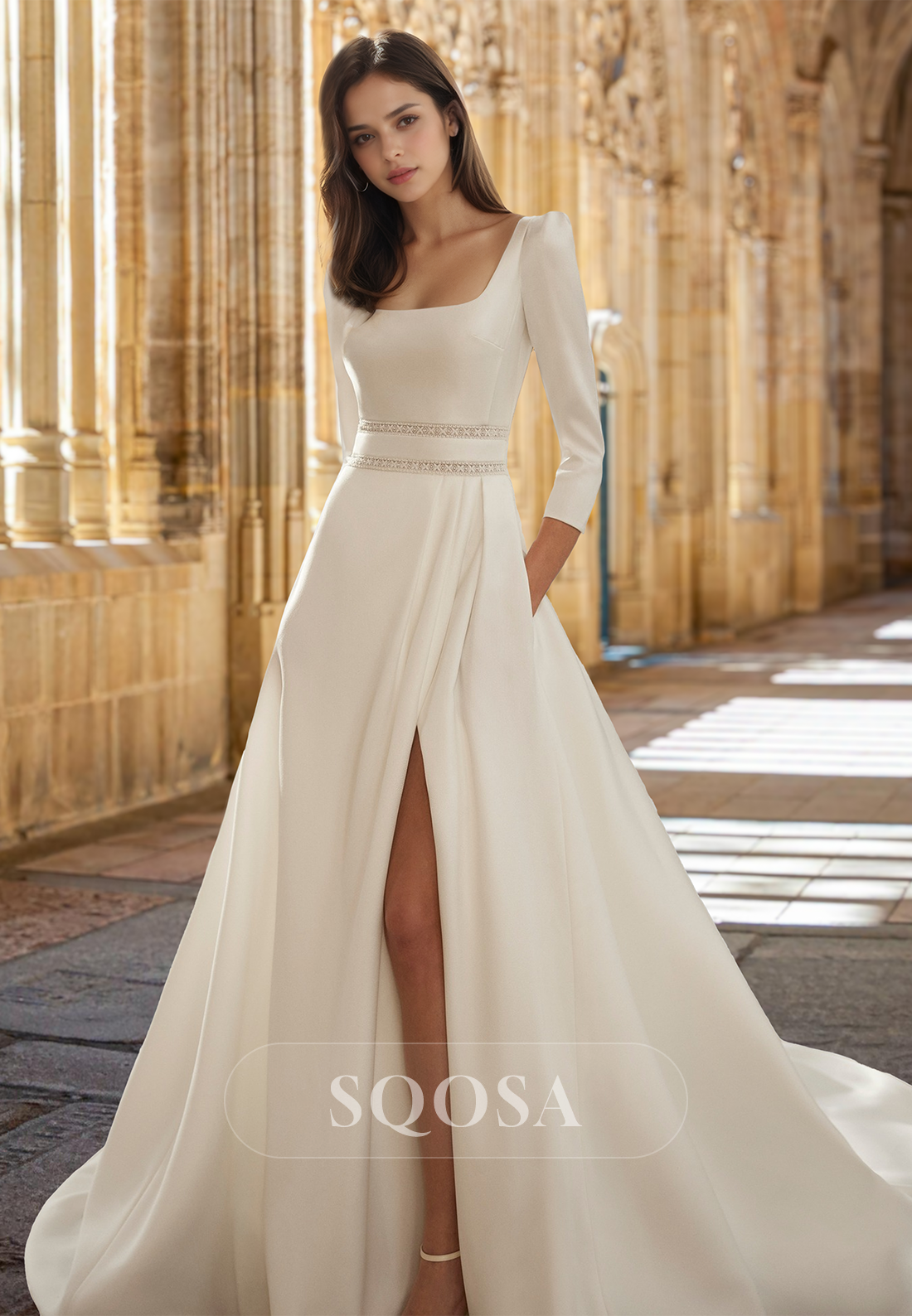 Square-Neck Long-Sleeves Beaded Pleated Train Satin A-Line Wedding Dress with High Slit White / US2 Square-Neck Long-Sleeves Beaded Pleated Train Satin A-Line Wedding Dress with High Slit White / US2