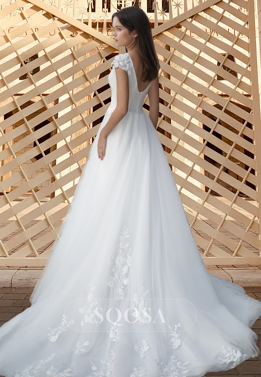 A-Line Deep V-Neck Cap-Sleeves Applique Pleated Applique Wedding Dress with Tulle Train