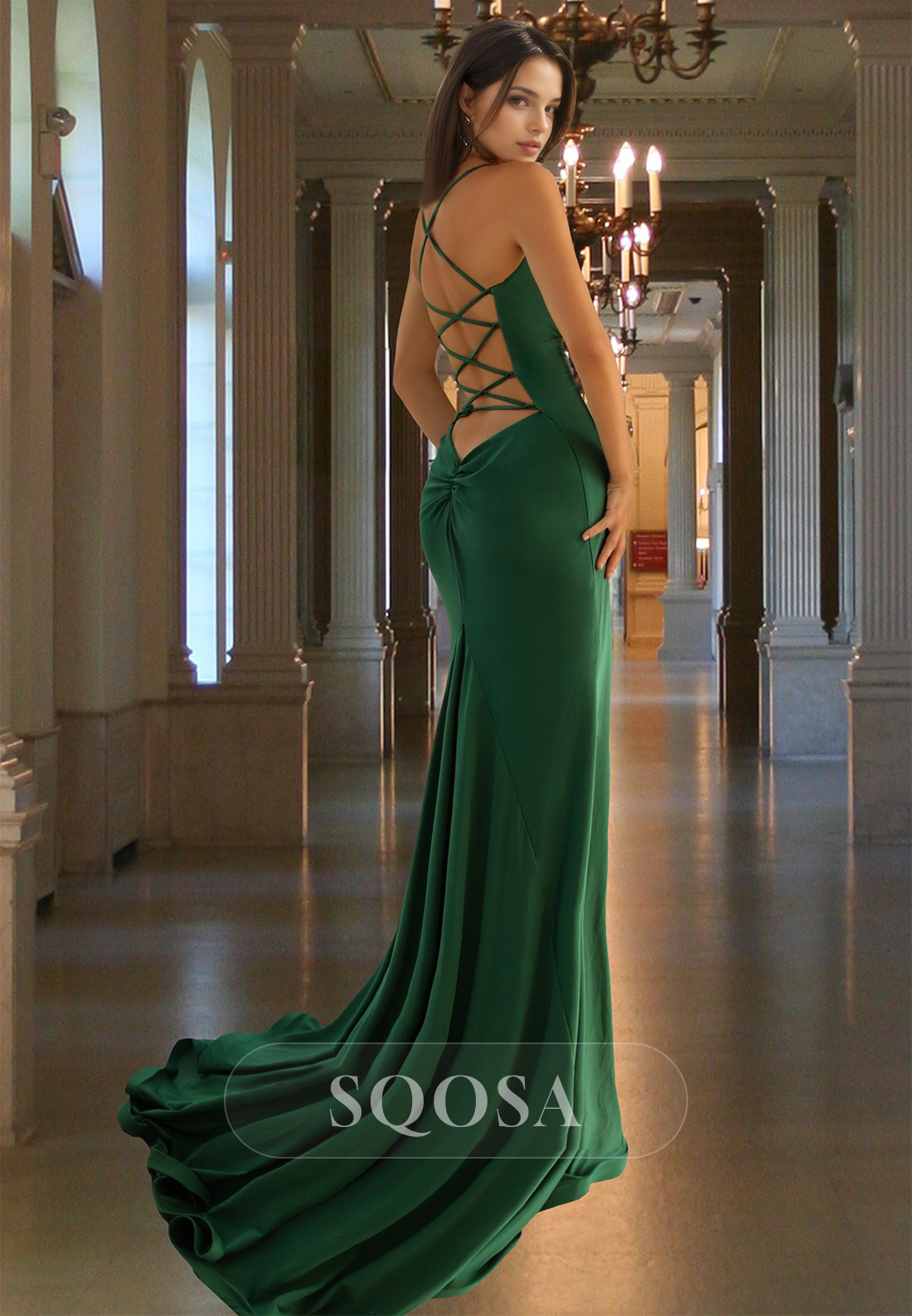 Spaghetti Straps Off-Shoulder Sleeveless Formal Gowns Deep V-Neck High Slit Mermaid Prom Dress