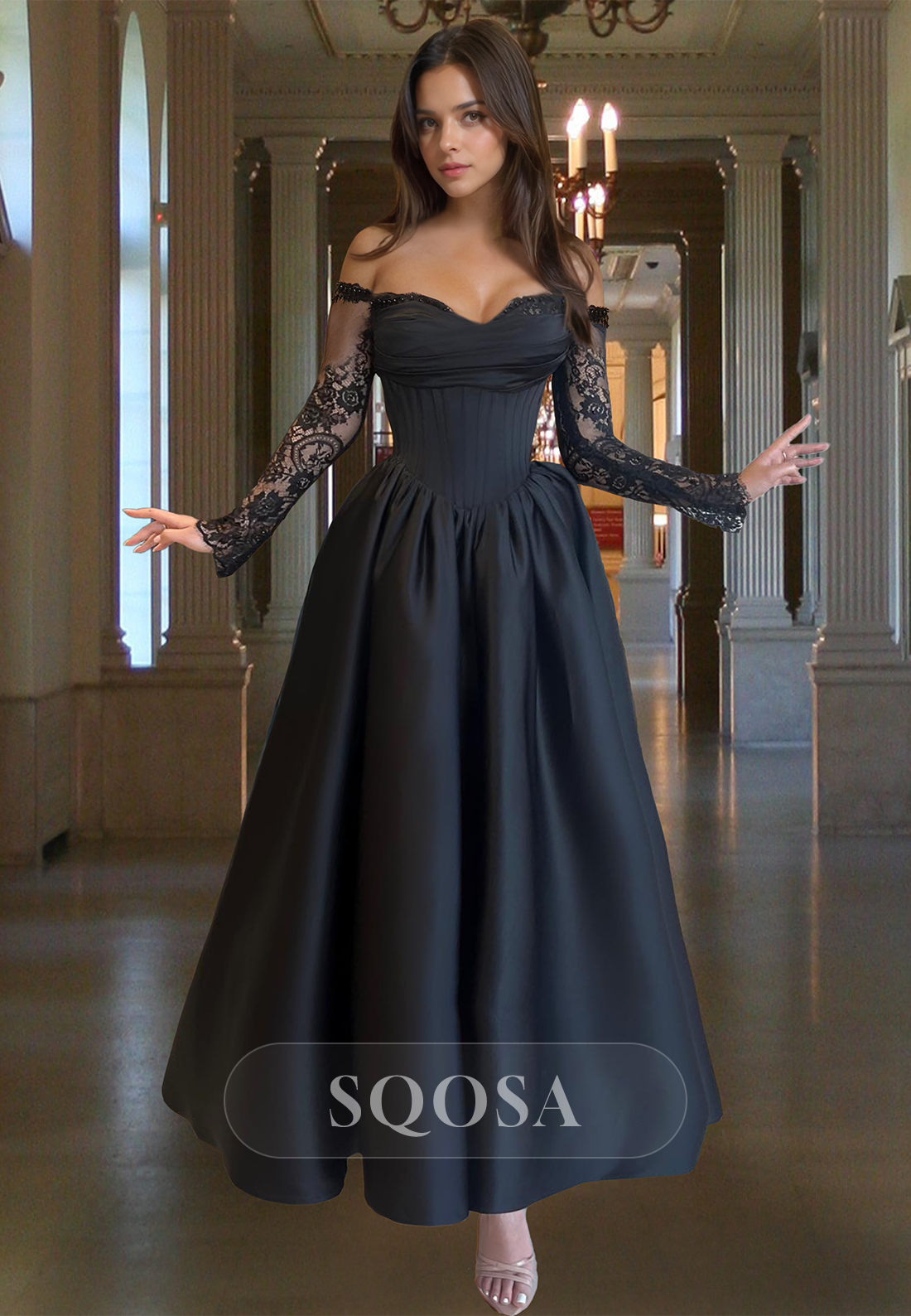 A-Line Sweetheart Lace Long-Sleeves Prom Dress Off-Shoulder Pleated Beaded Satin Midi Evening Gowns Custom Color / US10 A-Line Sweetheart Lace Long-Sleeves Prom Dress Off-Shoulder Pleated Beaded Satin Midi Evening Gowns Custom Color / US10