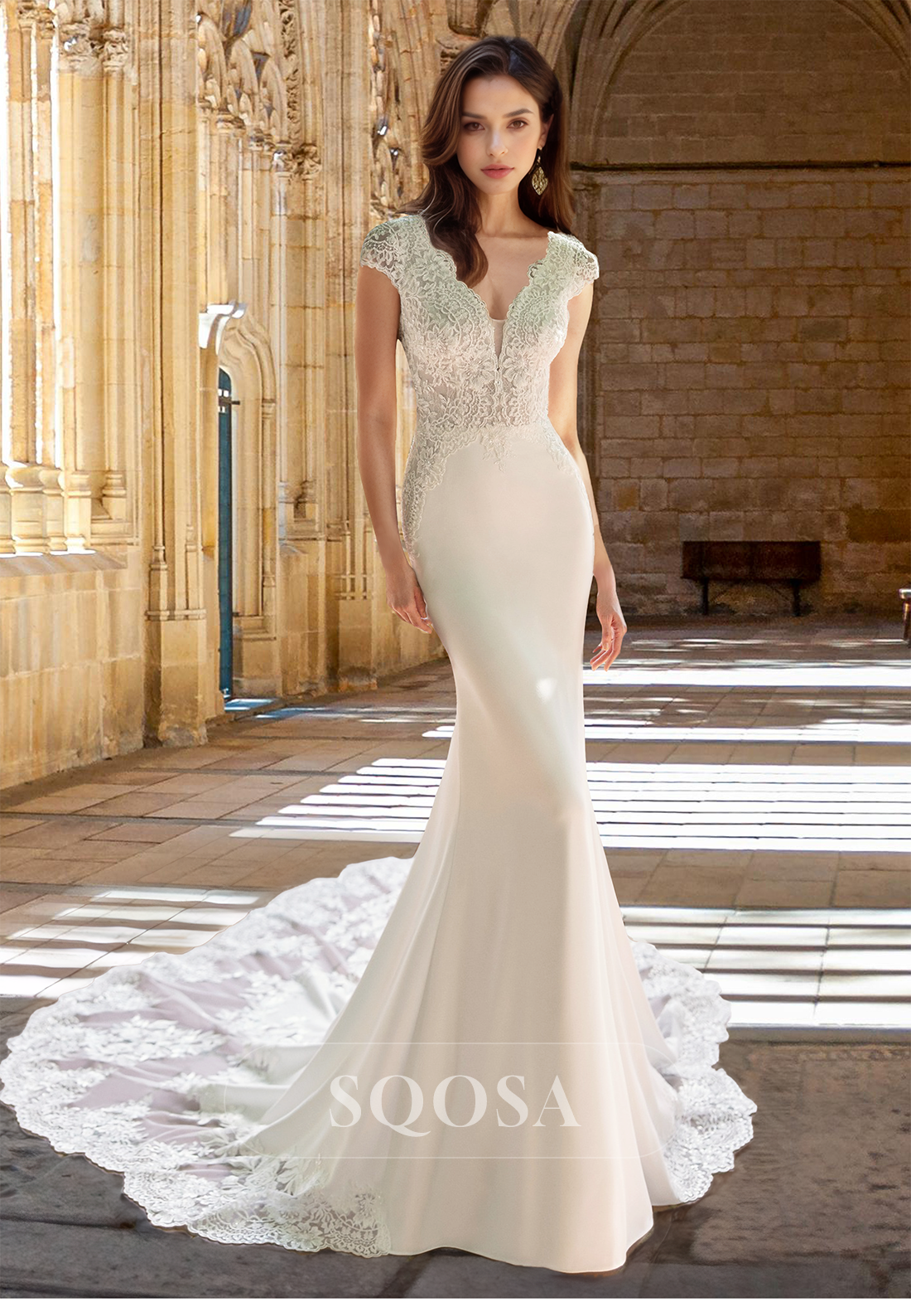 Deep V-Neck Cap-Sleeves Sweep Train Mermaid Prom Dress Lace Applique Cutout Bride Gowns Custom Color / US14 Deep V-Neck Cap-Sleeves Sweep Train Mermaid Prom Dress Lace Applique Cutout Bride Gowns Custom Color / US14