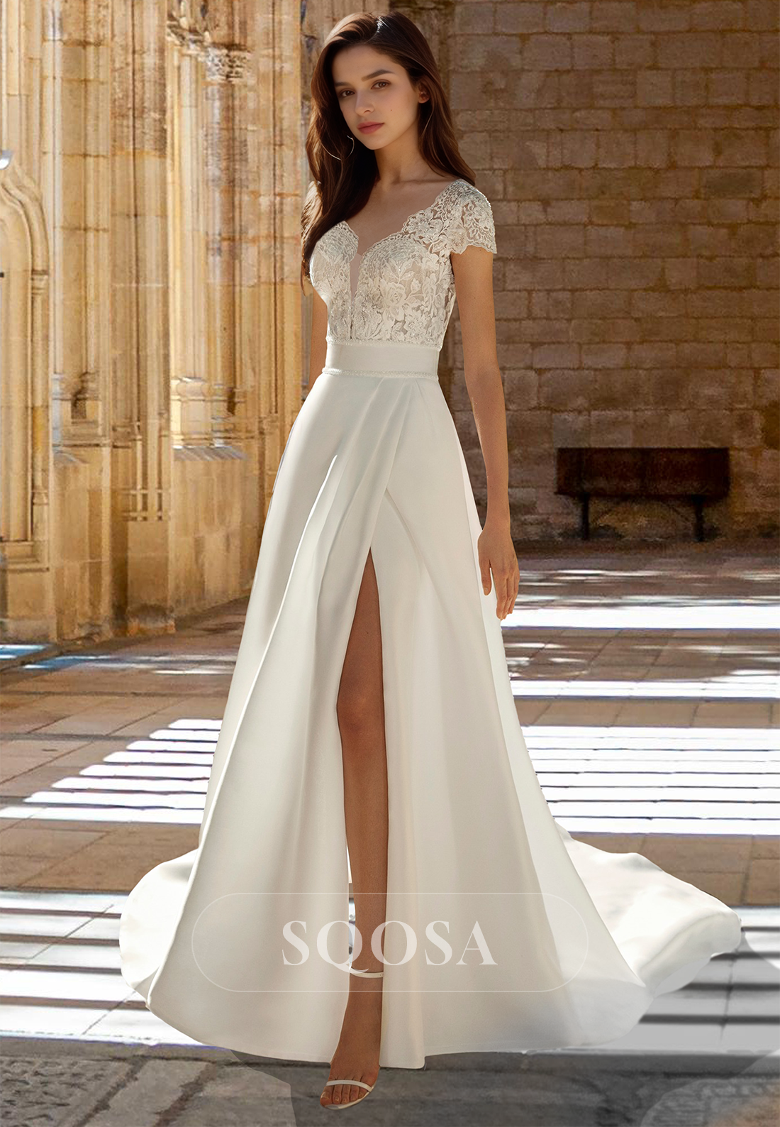chiffon pleated wedding dress A-Line V-Neck Long-Sleeveless Chiffon Wedding Dress Beaded Sequins Pleated Bride Gowns Custom Color / US16