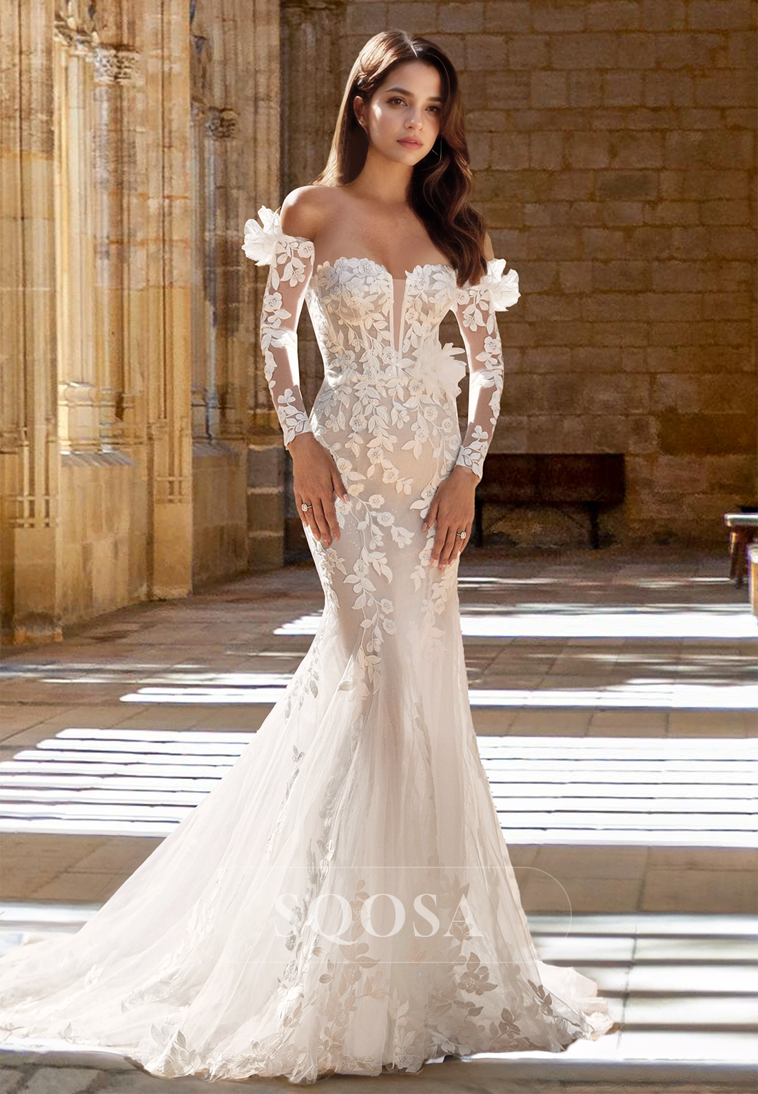 Sweetheart Long-Sleeves Beaded Floral Embossed Applique Tulle Mermaid Wedding Dress with Train White / US16 Sweetheart Long-Sleeves Beaded Floral Embossed Applique Tulle Mermaid Wedding Dress with Train White / US16