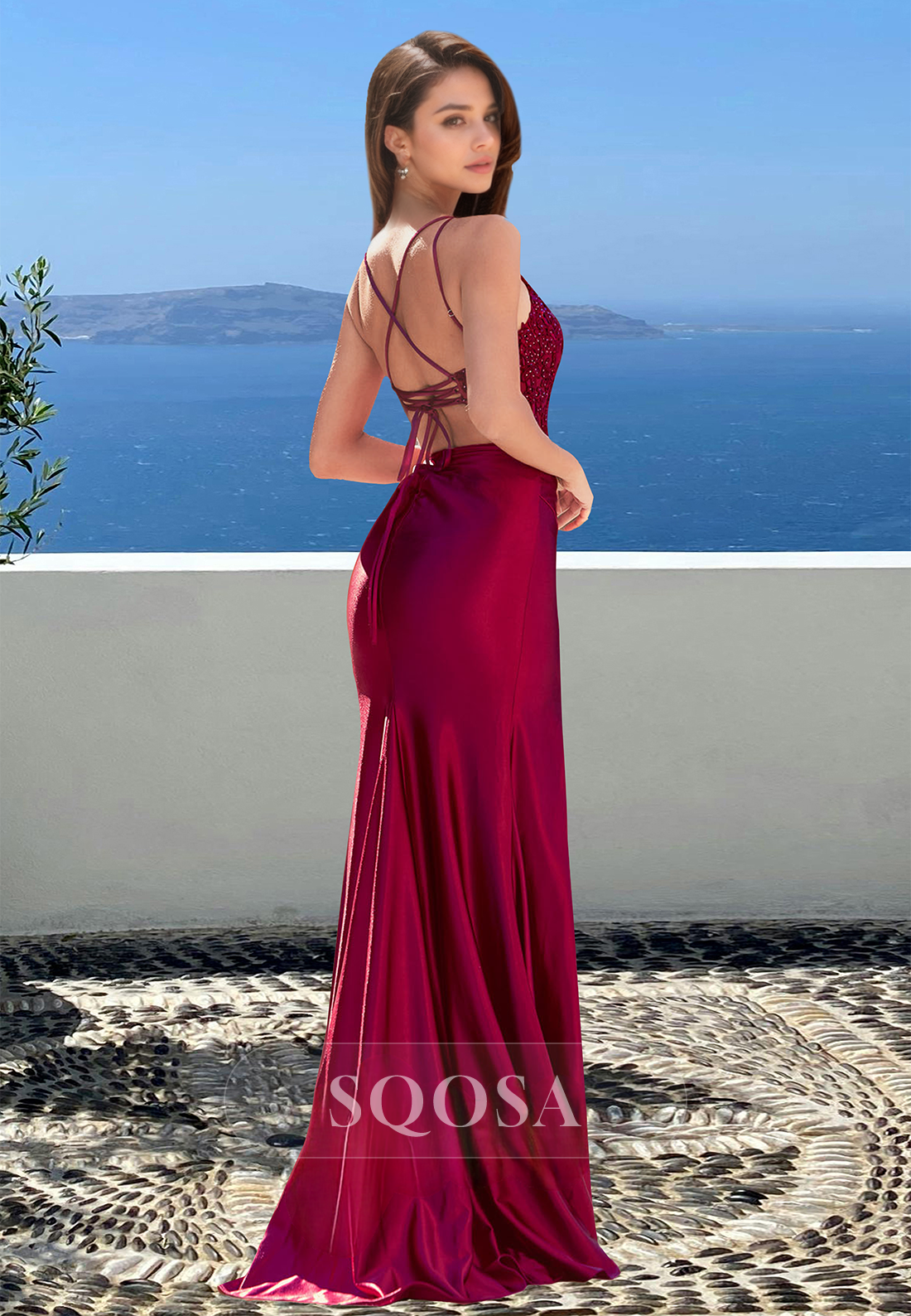 Scoop-Neck Off-Shoulder Sleeveless Party Gowns Spaghetti Straps Beaded Applique Mermaid Prom Dress