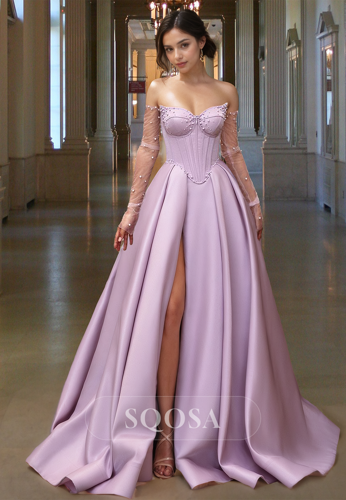 A-Line Tulle Long-Sleeves Pleated Satin Prom Dress Sweetheart Off-Shoulder Beaded Evening Gowns Pale Pink / US10 A-Line Tulle Long-Sleeves Pleated Satin Prom Dress Sweetheart Off-Shoulder Beaded Evening Gowns Pale Pink / US10