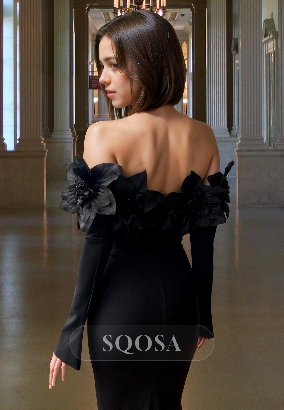 Tube Top Long-Sleeves Beaded Evening Gowns Off-Shoulder Floral Embossed Mermaid Prom Dress