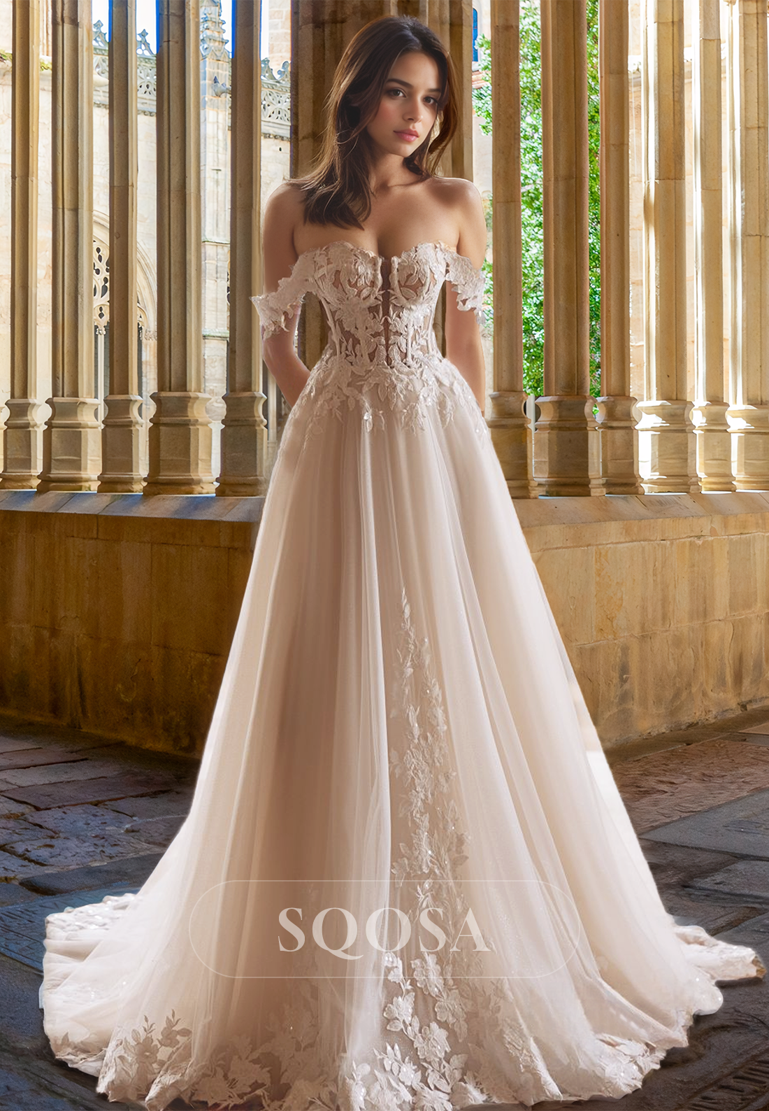 floral sweetheart off shoulder dress Sweetheart Off-Shoulder Lace A-Line Wedding Dress Floral Applique Cutout Boho Bride Gowns with High Slit White / US2