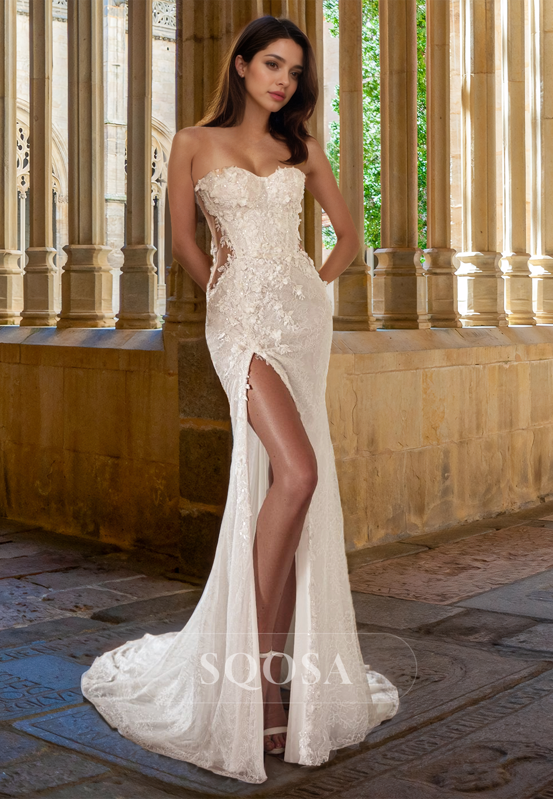 Sweetheart Off-Shoulder Sleeveless Mermaid Wedding Dress Beaded Lace A – SQOSA Sweetheart Off-Shoulder Sleeveless Mermaid Wedding Dress Beaded Lace A – SQOSA