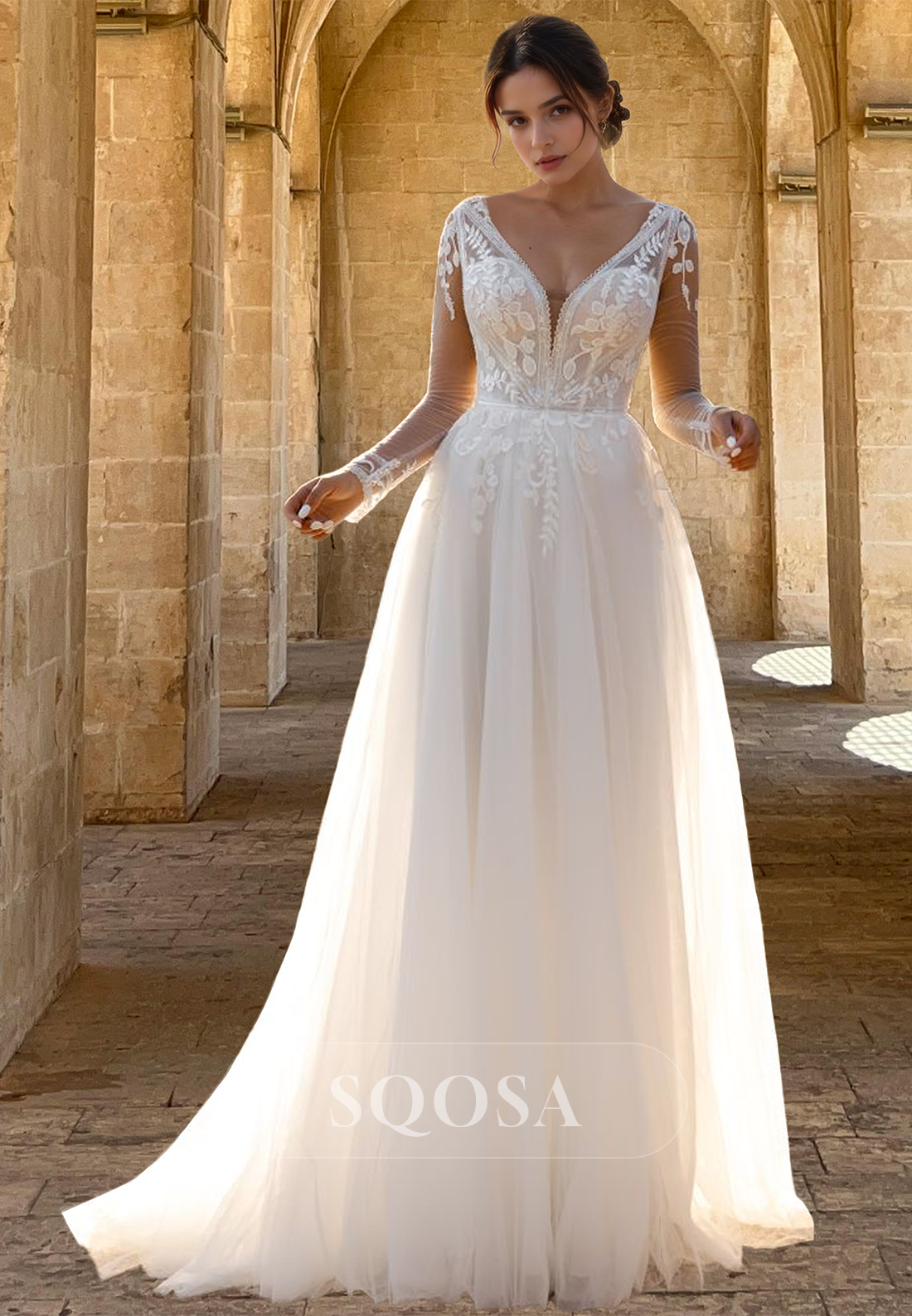 Long-Sleeves Deep V-Neck Tulle A-Line Wedding Dress Beaded Lace Applique Pleated Bride Gowns Custom Color / US14 Long-Sleeves Deep V-Neck Tulle A-Line Wedding Dress Beaded Lace Applique Pleated Bride Gowns Custom Color / US14