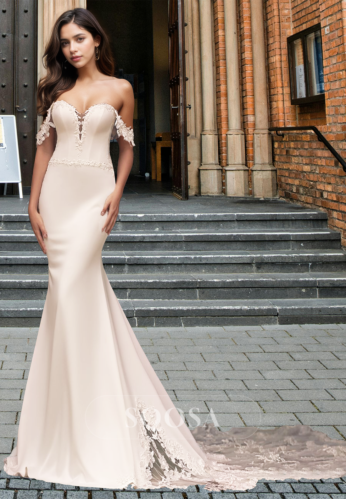 Sweetheart Off-Shoulder Sleeveless Lace Applique Satin Mermaid Wedding Dress with Sweep Train Ivory / Custom Size Sweetheart Off-Shoulder Sleeveless Lace Applique Satin Mermaid Wedding Dress with Sweep Train Ivory / Custom Size